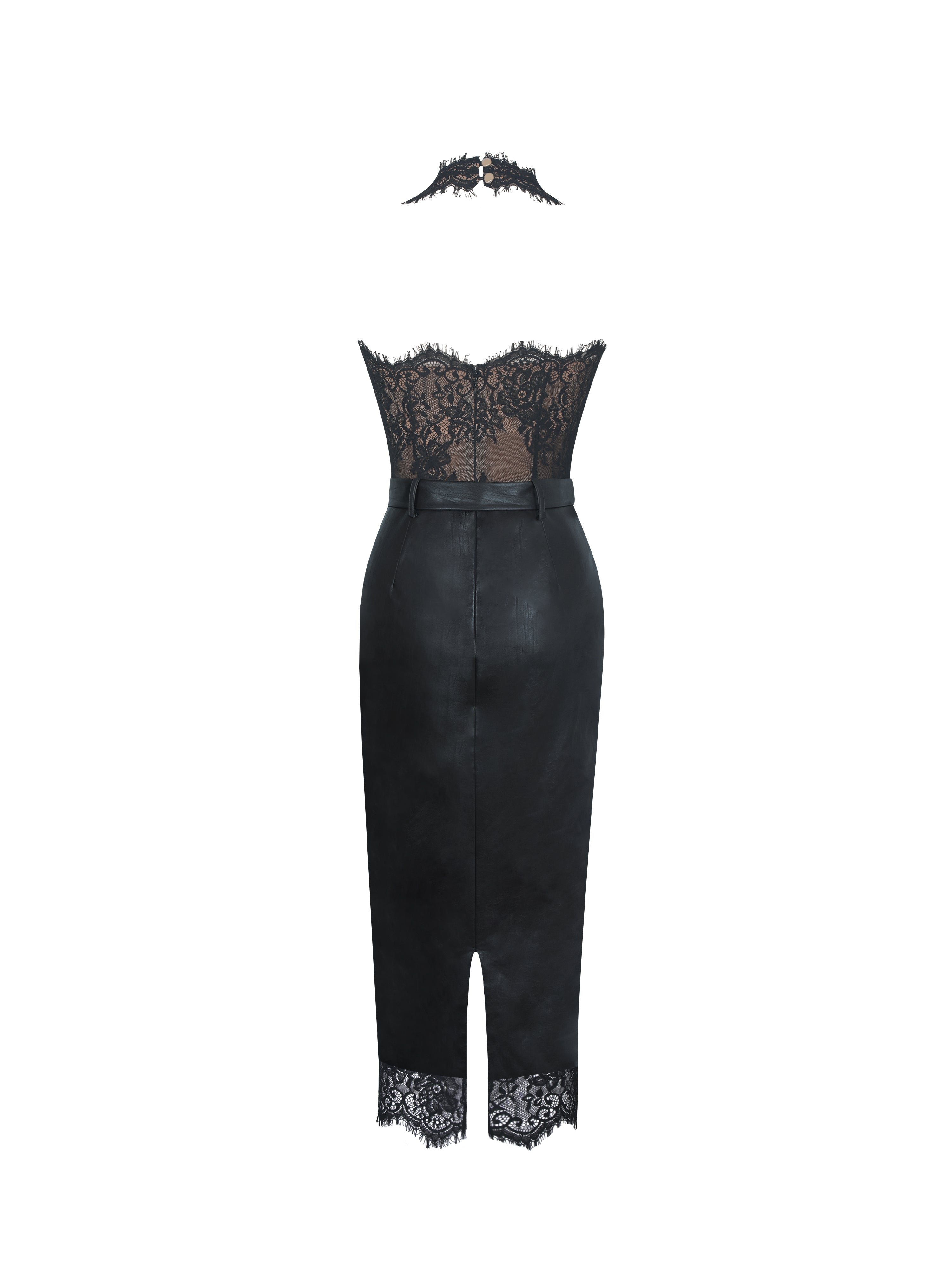 Fiera Black Plunging Halter Belted Midi Dress