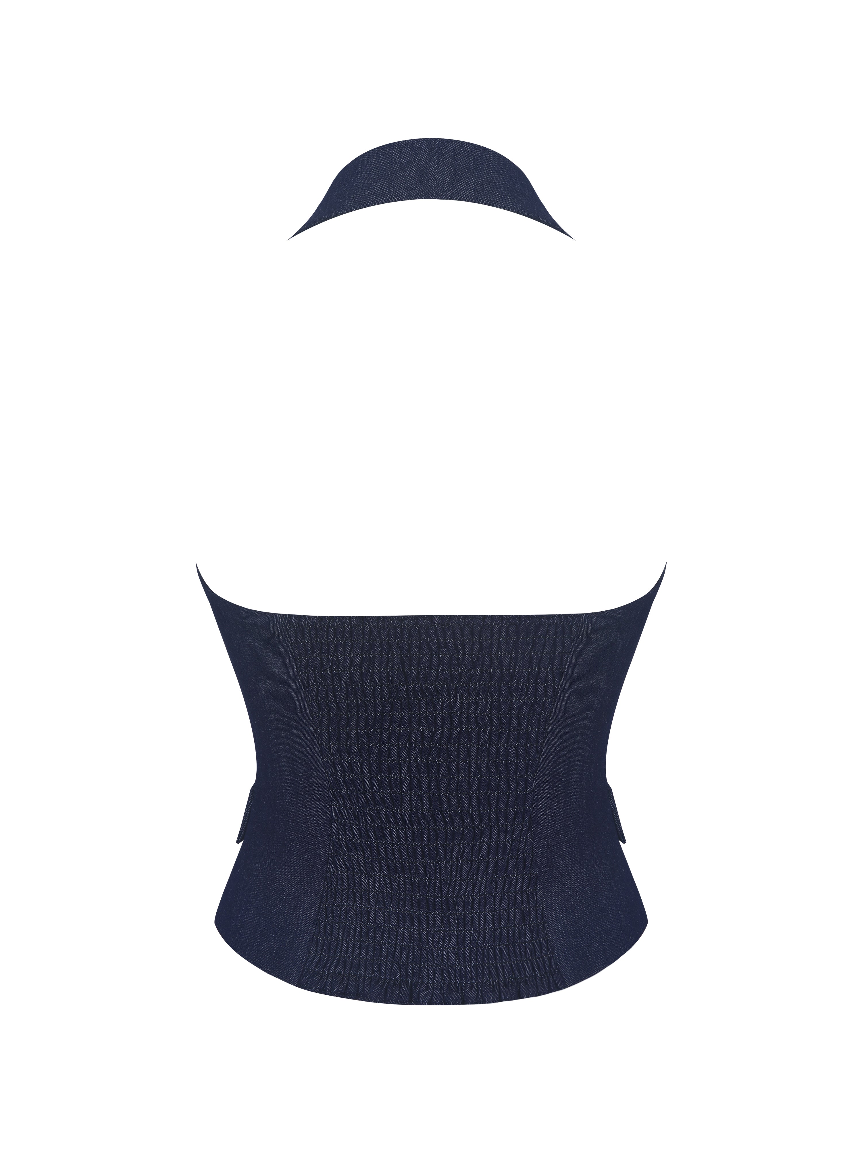 Mavis Indigo Denim Halter Single-Breasted Lapel Top
