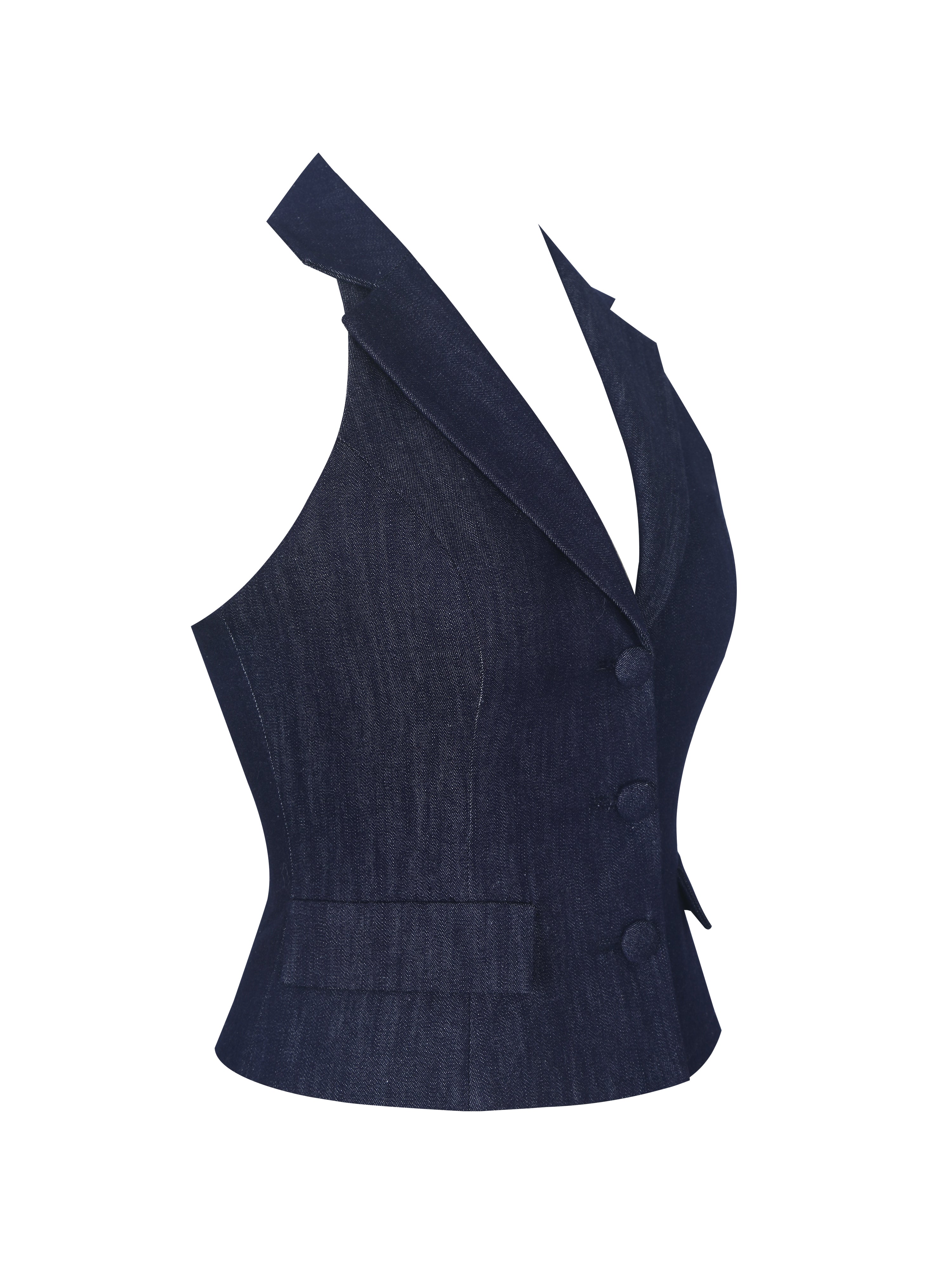 Mavis Indigo Denim Halter Single-Breasted Lapel Top