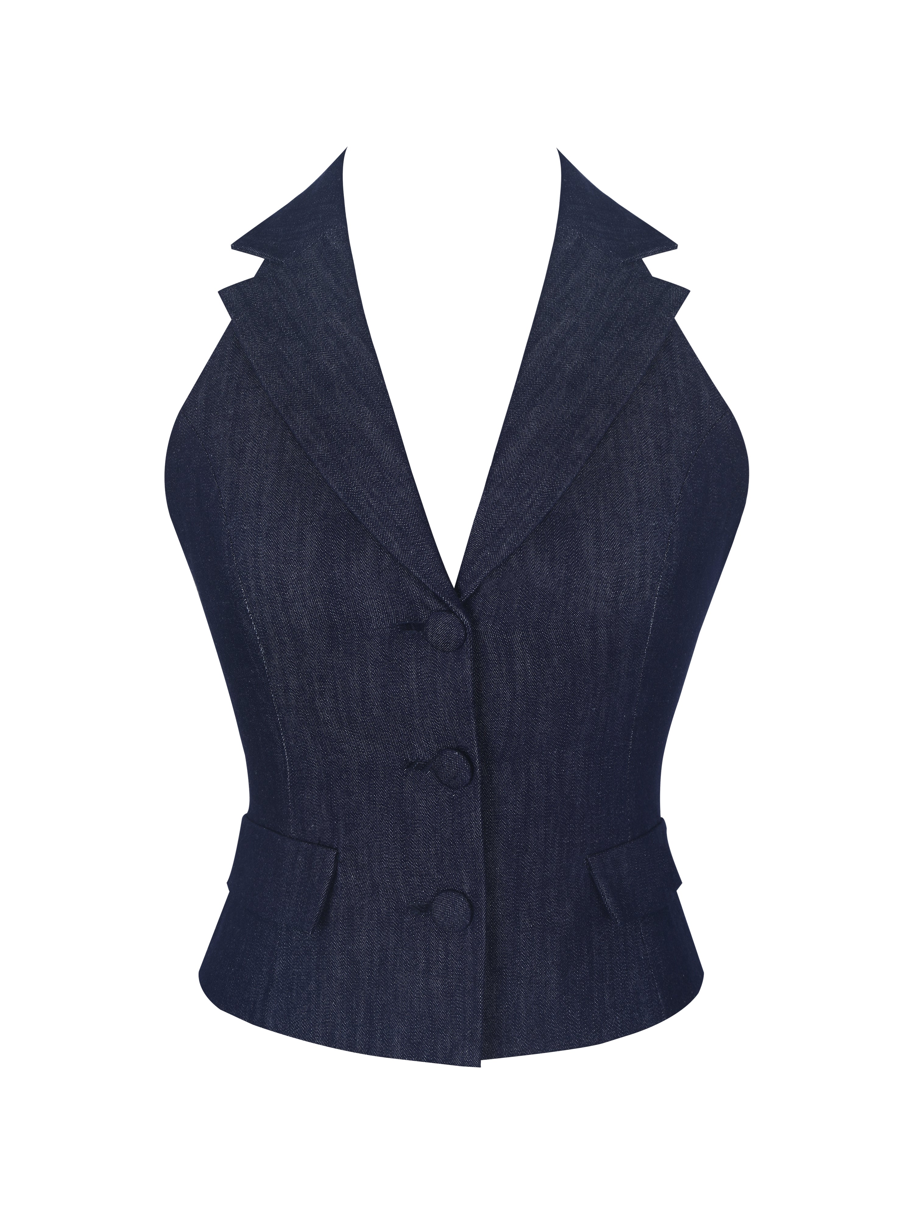 Mavis Indigo Denim Halter Single-Breasted Lapel Top