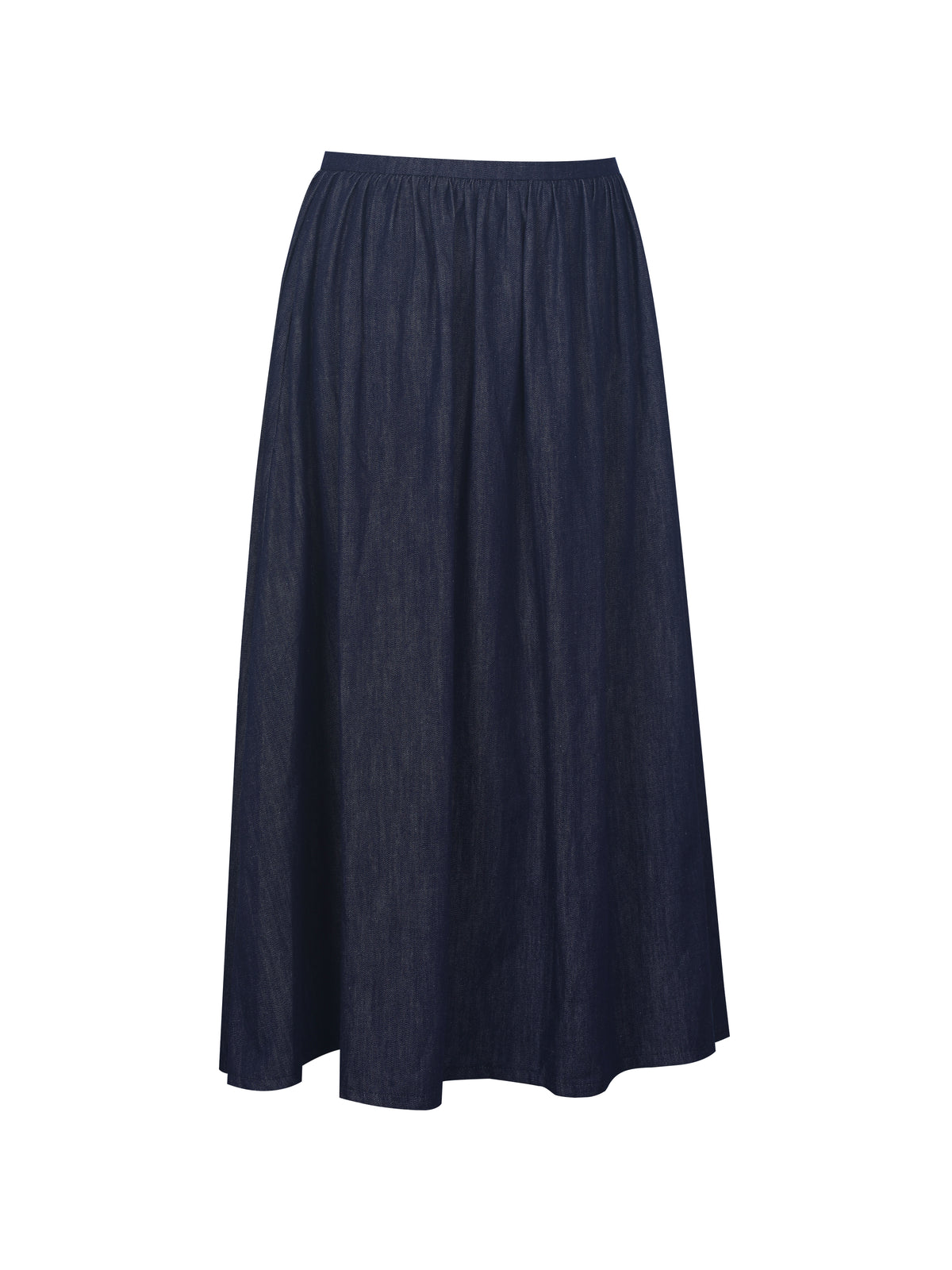 Maevie Indigo Denim Gathered A-Line Midi Skirt