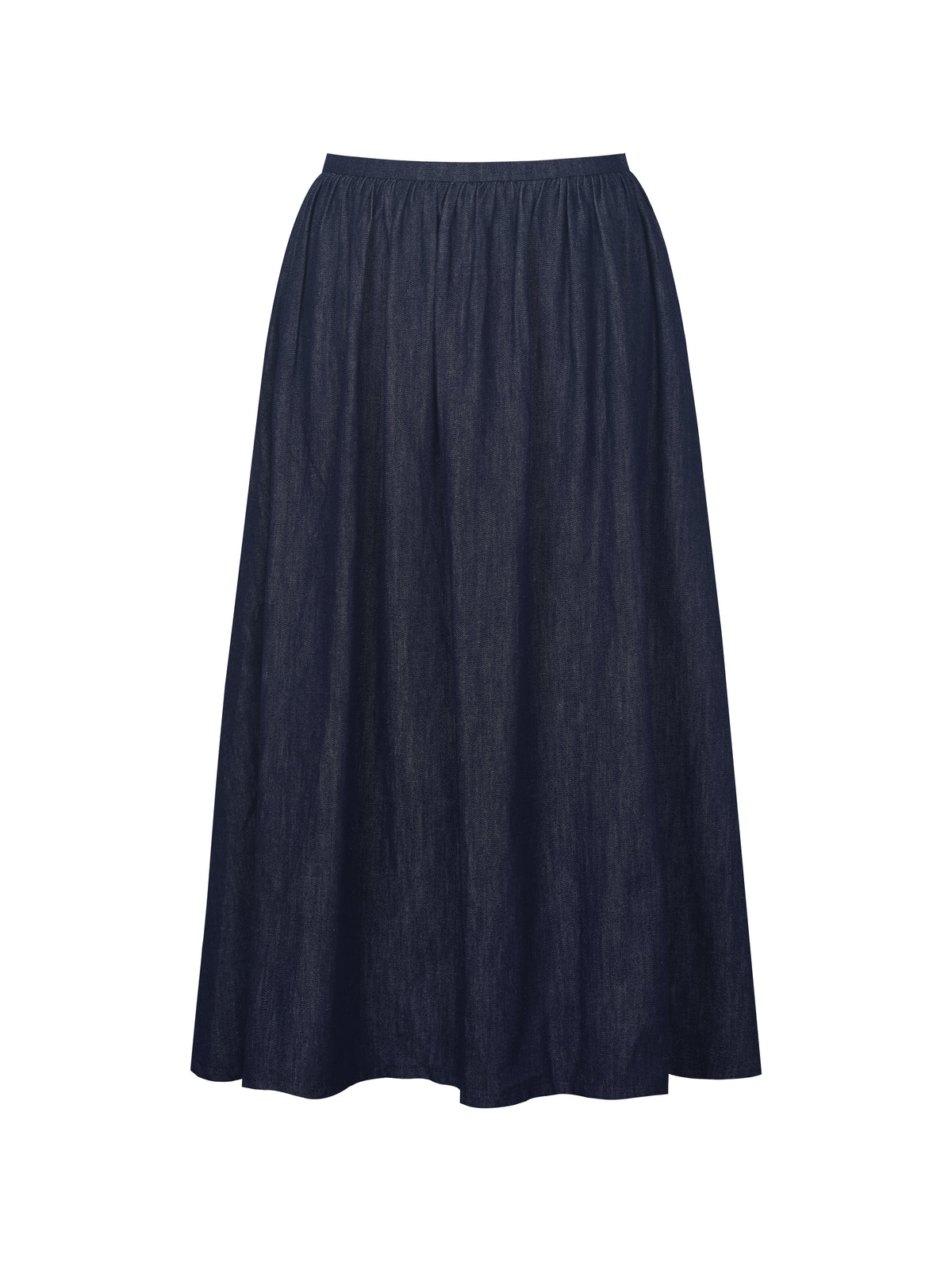 Maevie Indigo Denim Gathered A-Line Midi Skirt