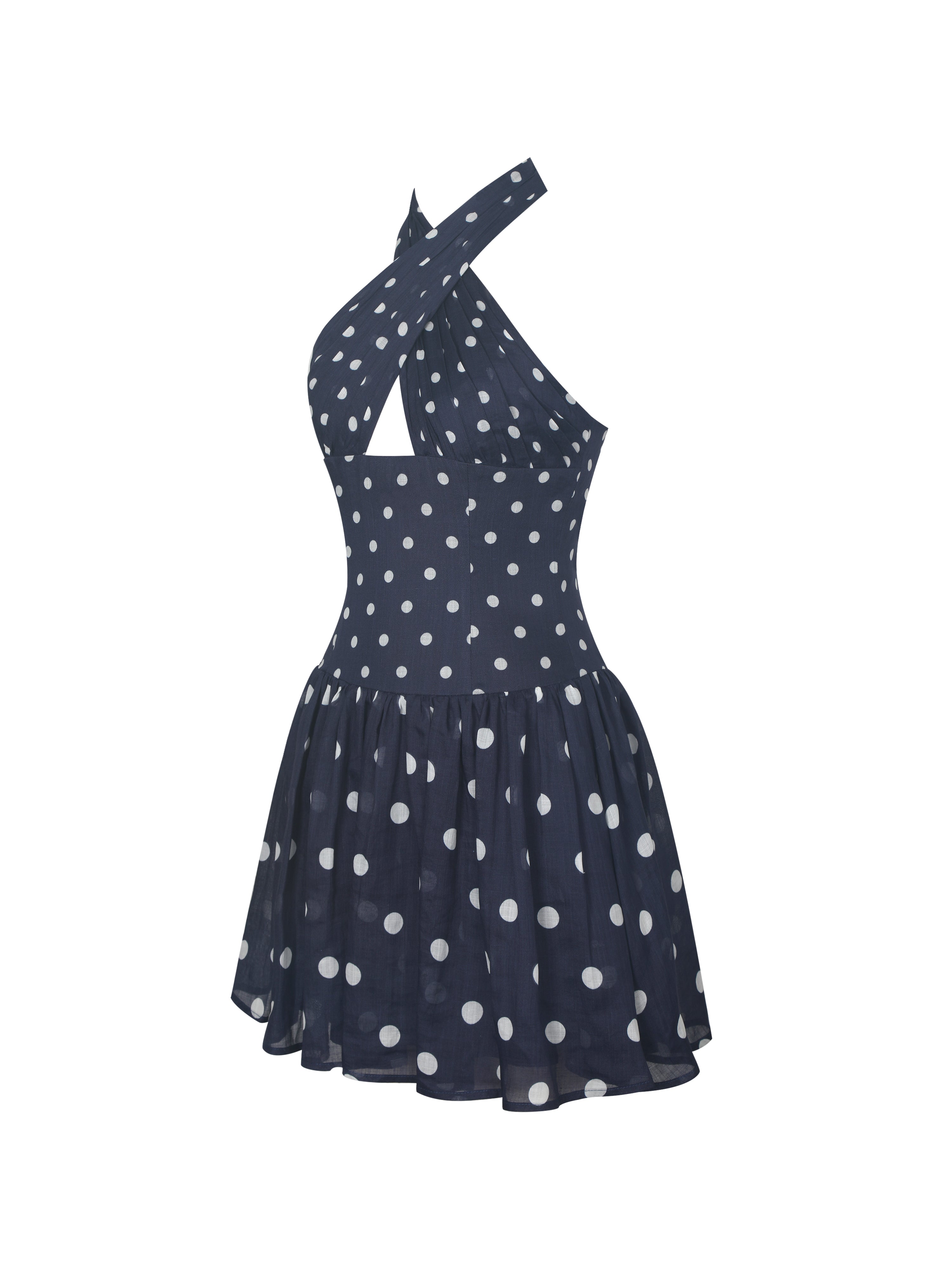 Yamina Navy Polka Dot Ramie Crossover Halter Gathered Mini Dress