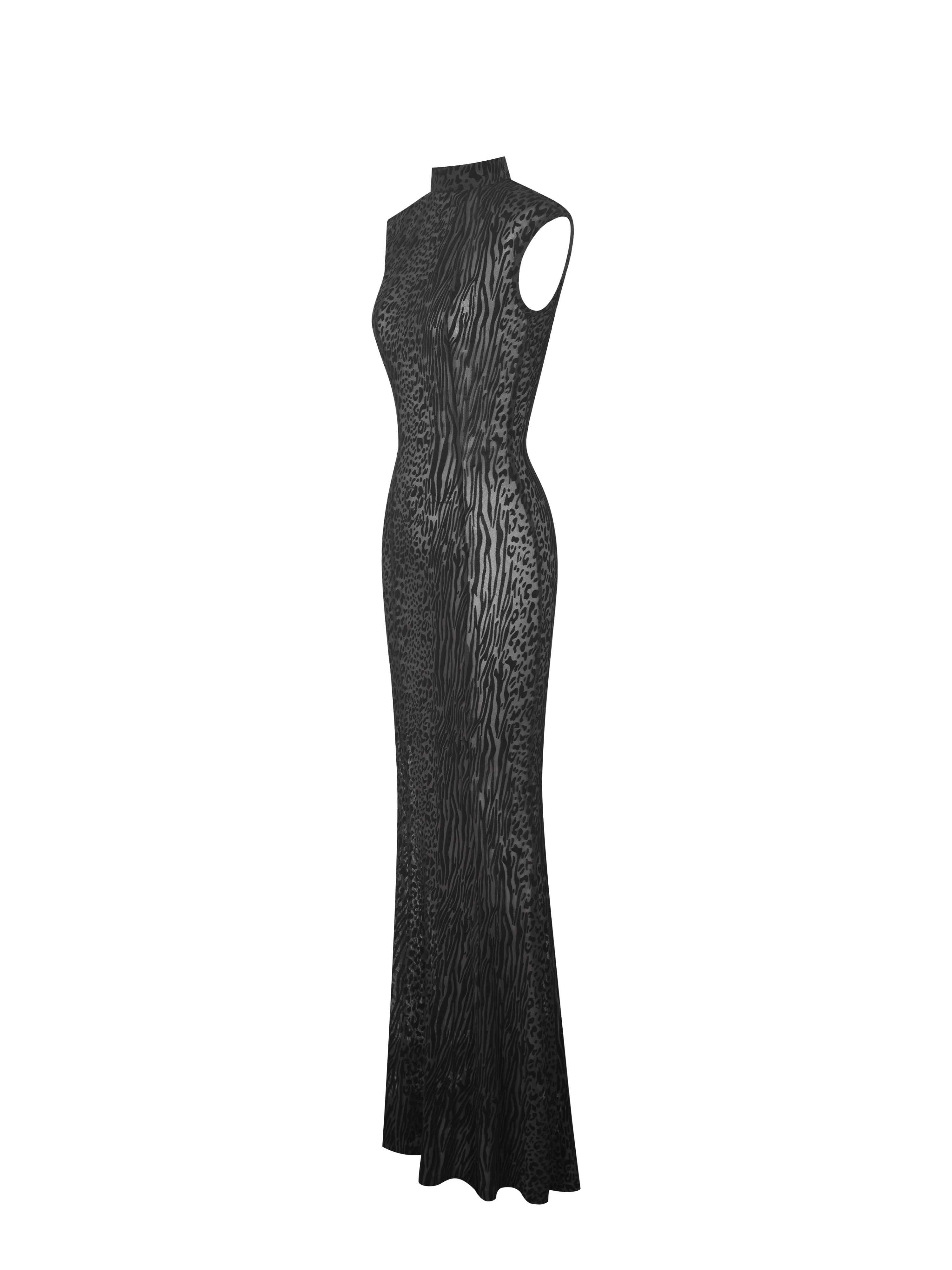 Tyanna Black Burnout Velvet Mesh Backless Mermaid Maxi Dress