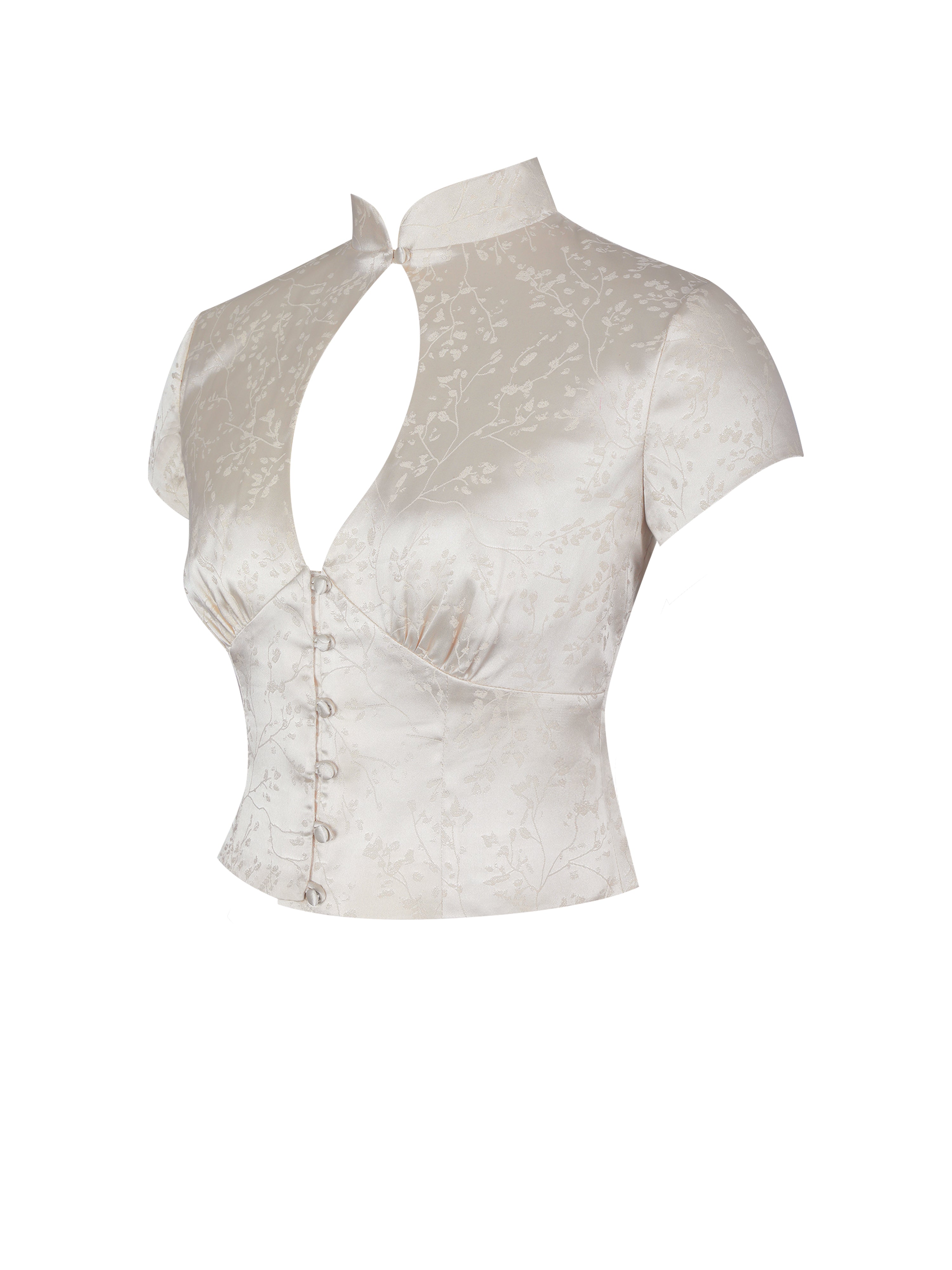 Galilea Ivory Floral Jacquard Keyhole Mandarin Collar Top
