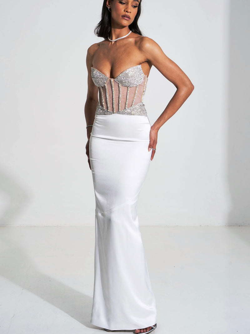 Delany White Crystal Corset Satin Gown