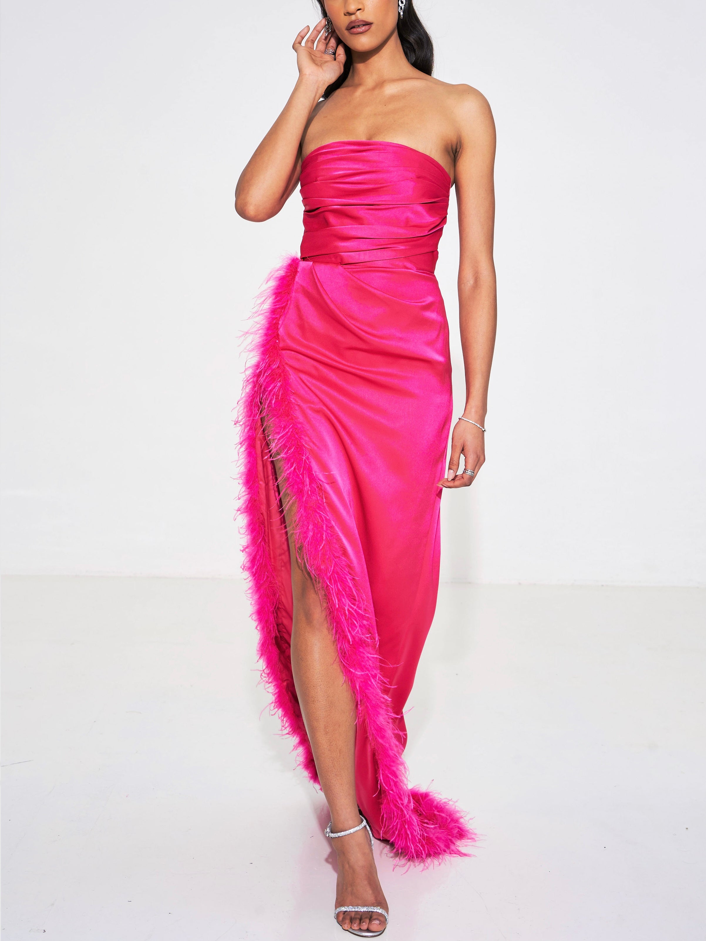 Perrin Fuchsia Pink Feather Dress High Slit Gown