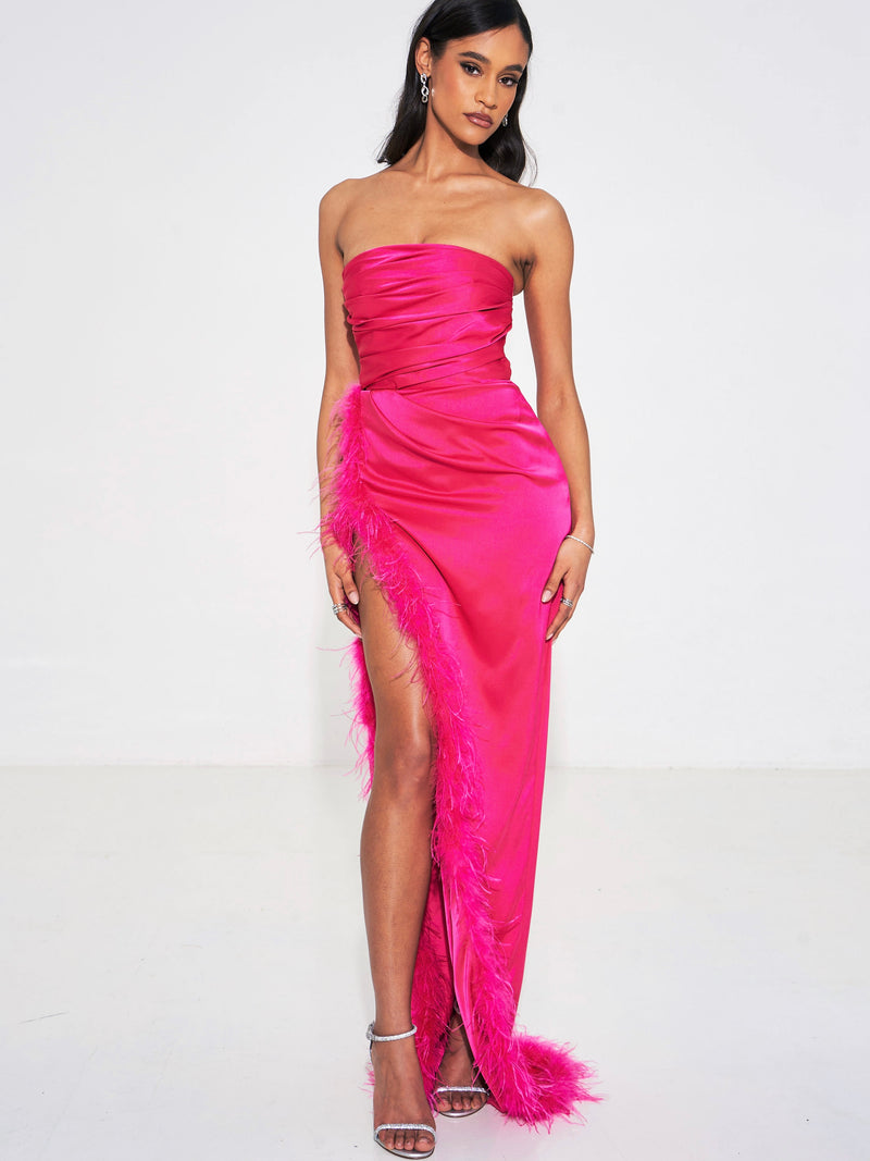 Cosmo Hot Pink Bandeau Corset Maxi Dress With Feather Trim – Club