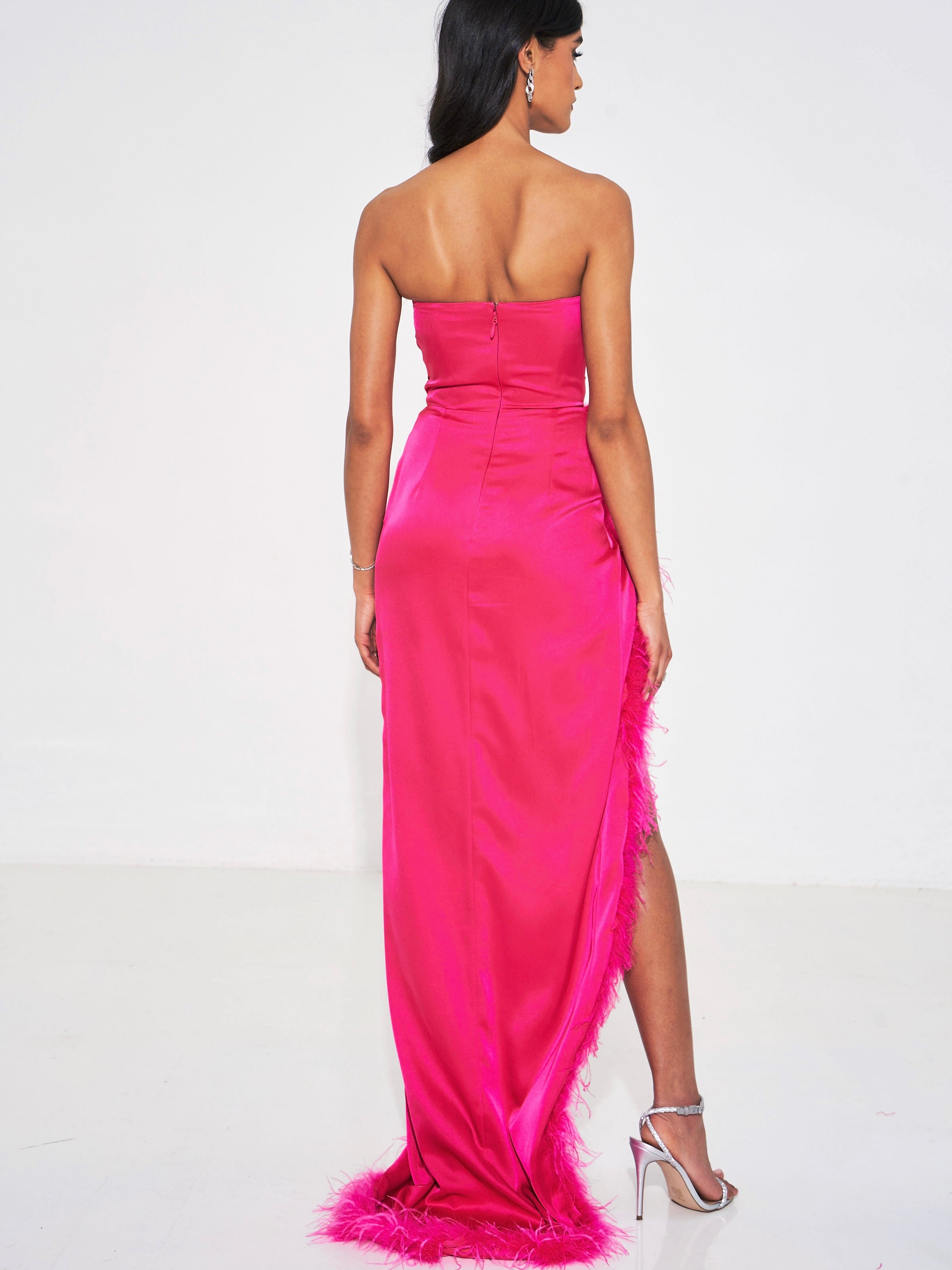 Perrin Fuchsia Pink Feather Dress High Slit Gown