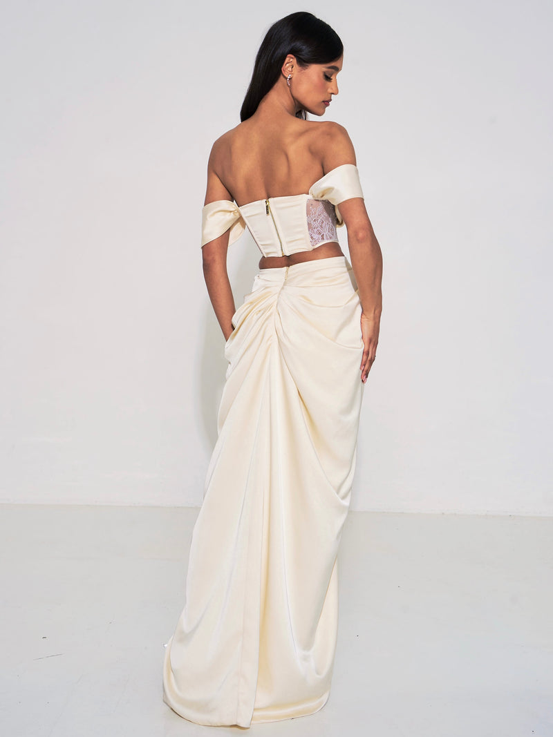 Wrenlee White Satin Draping Midi Dress – Miss Circle