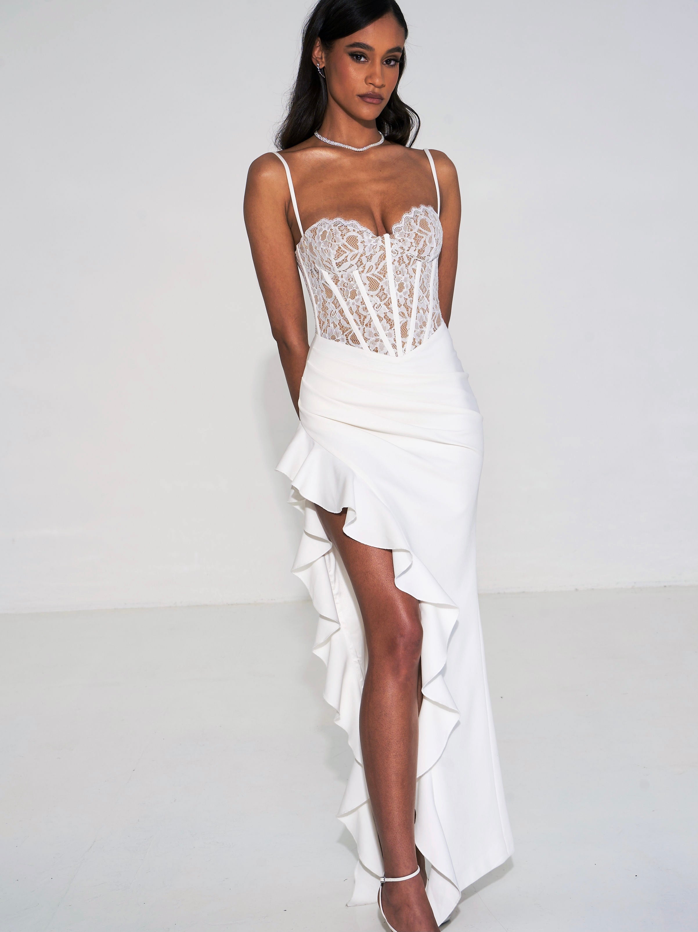 white lace corset dress Junia White Lace Corset Maxi Dress (Archive Sale)
