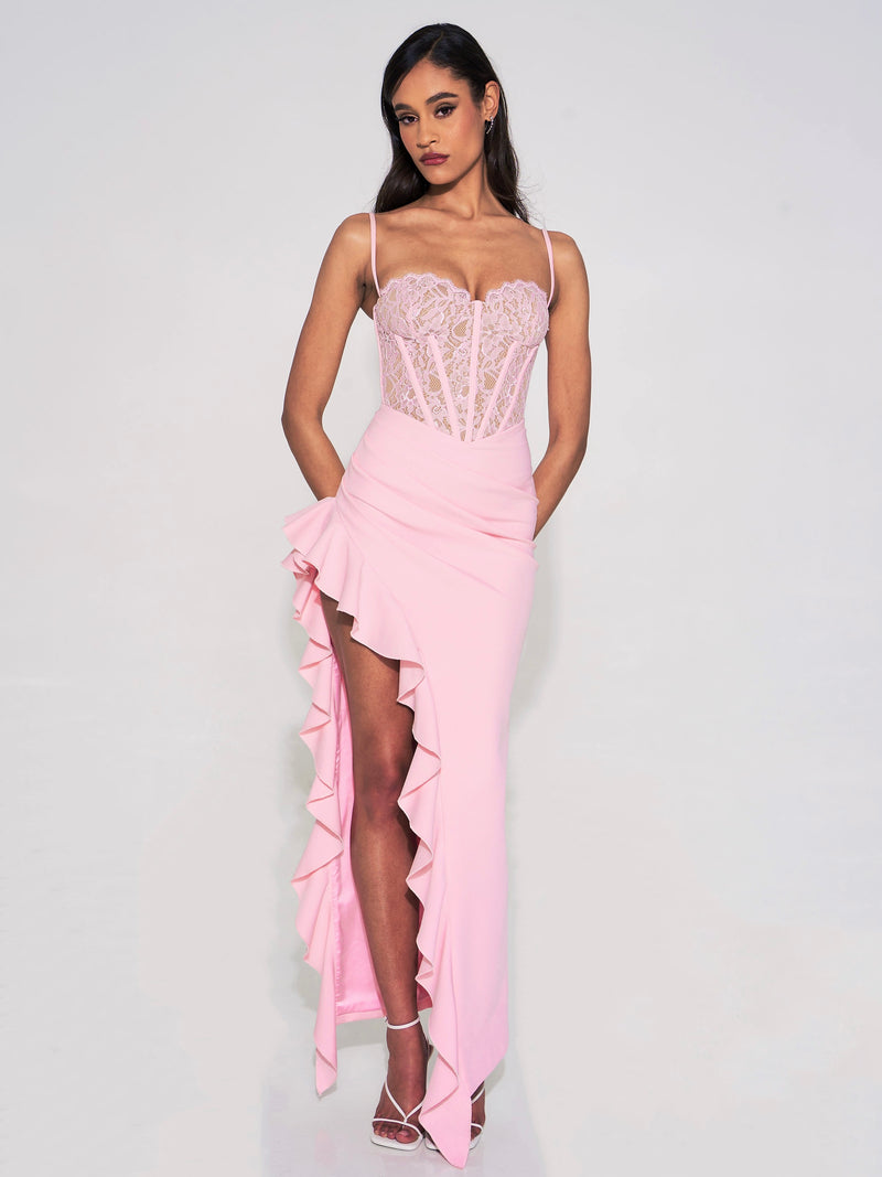 Váy Đầm - Light Pink Midi Lace Dress With Flower