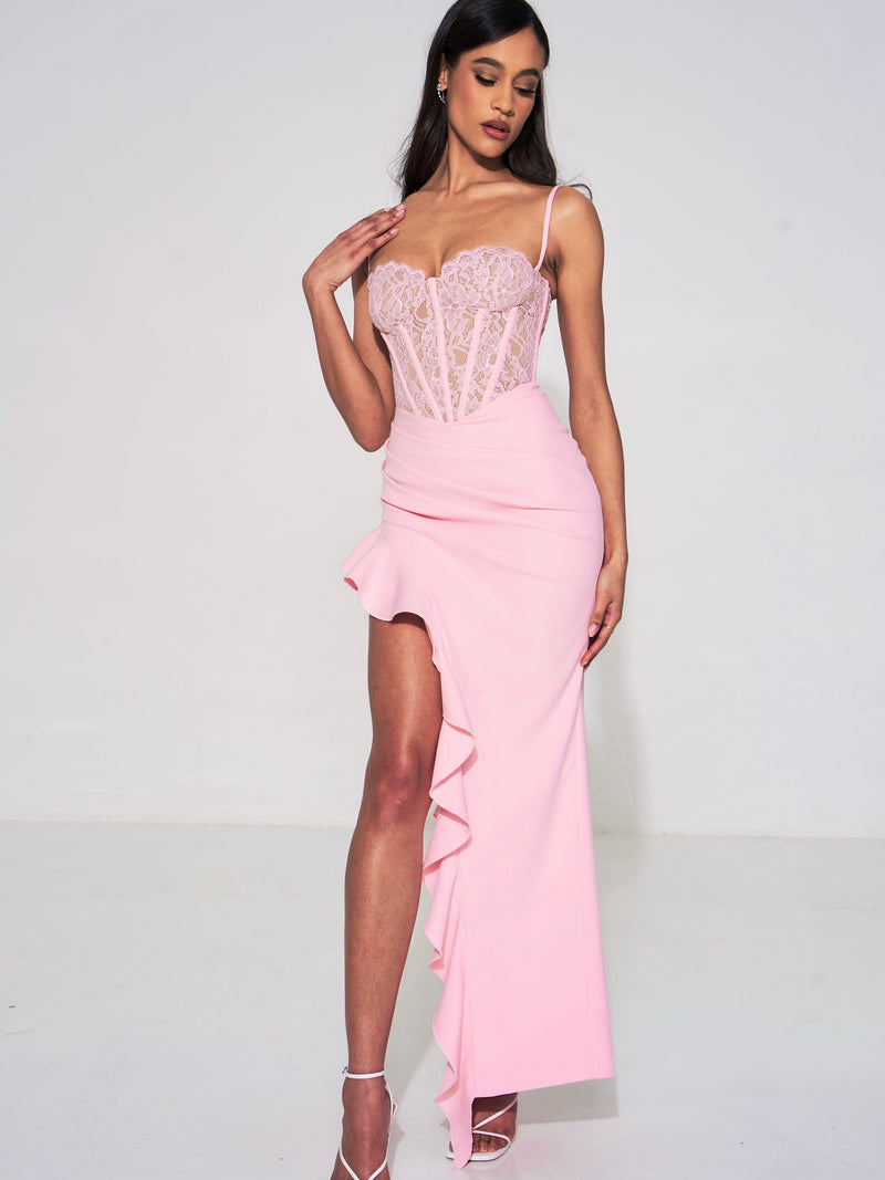 Junia Pink Lace Corset Maxi Dress