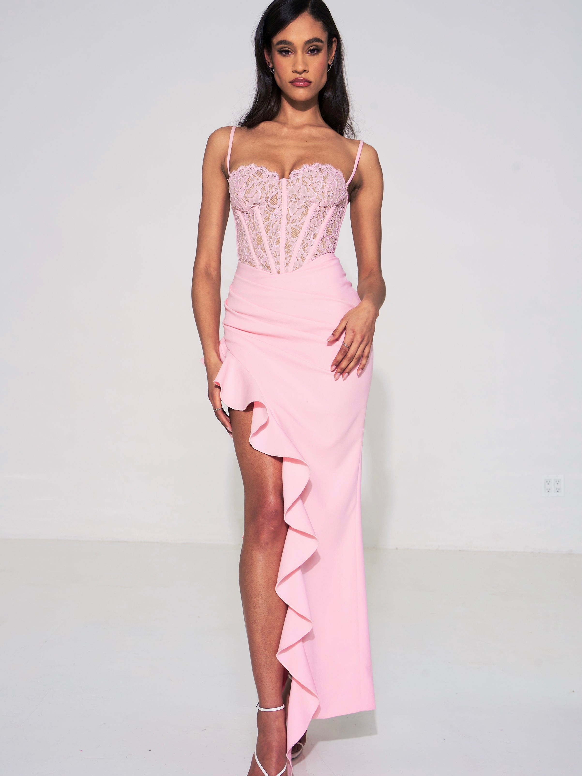 Junia Pink Lace Corset Maxi Dress