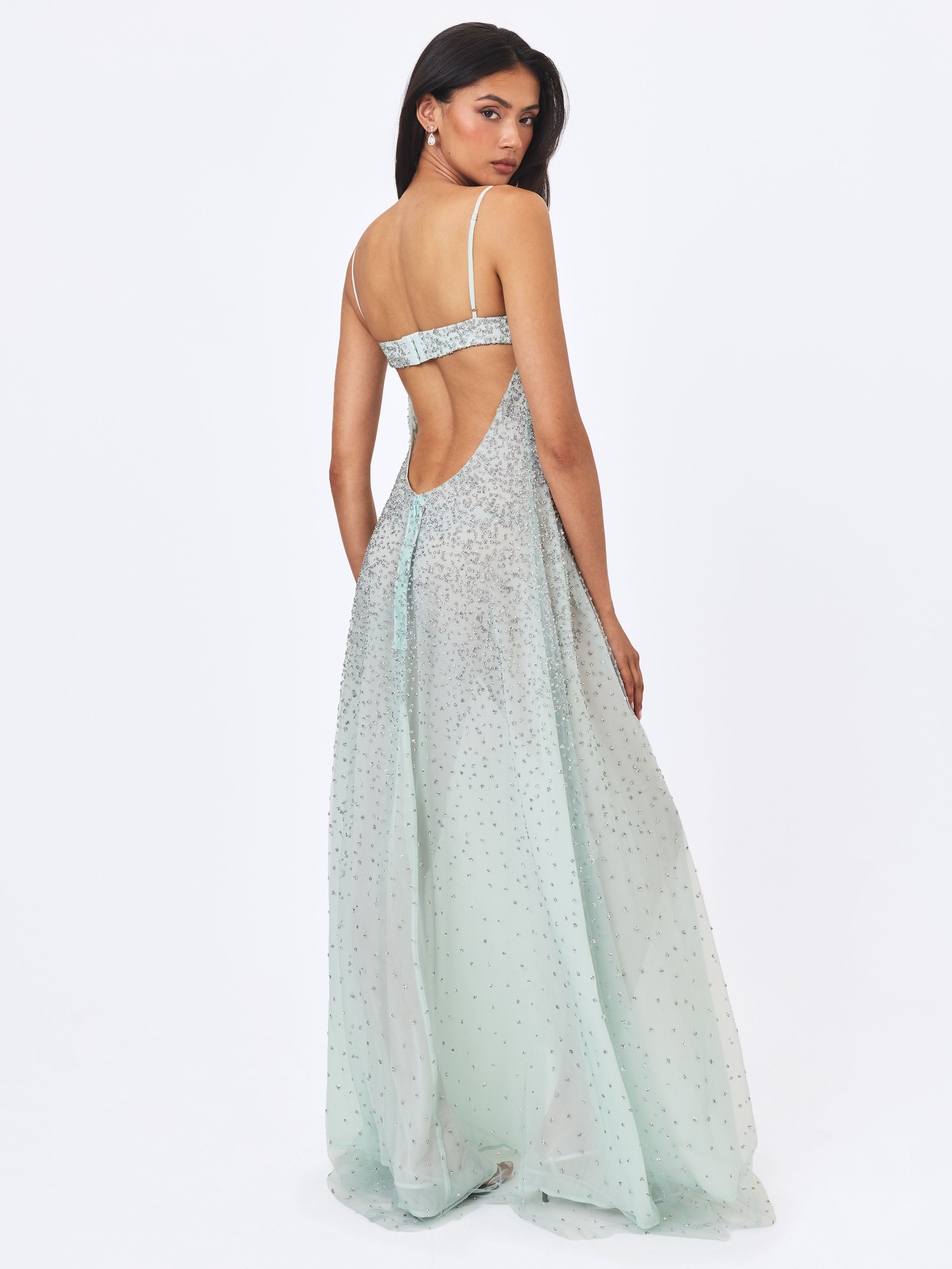 Wallie Mint Rhinestone Embellished Mesh Backless Gown