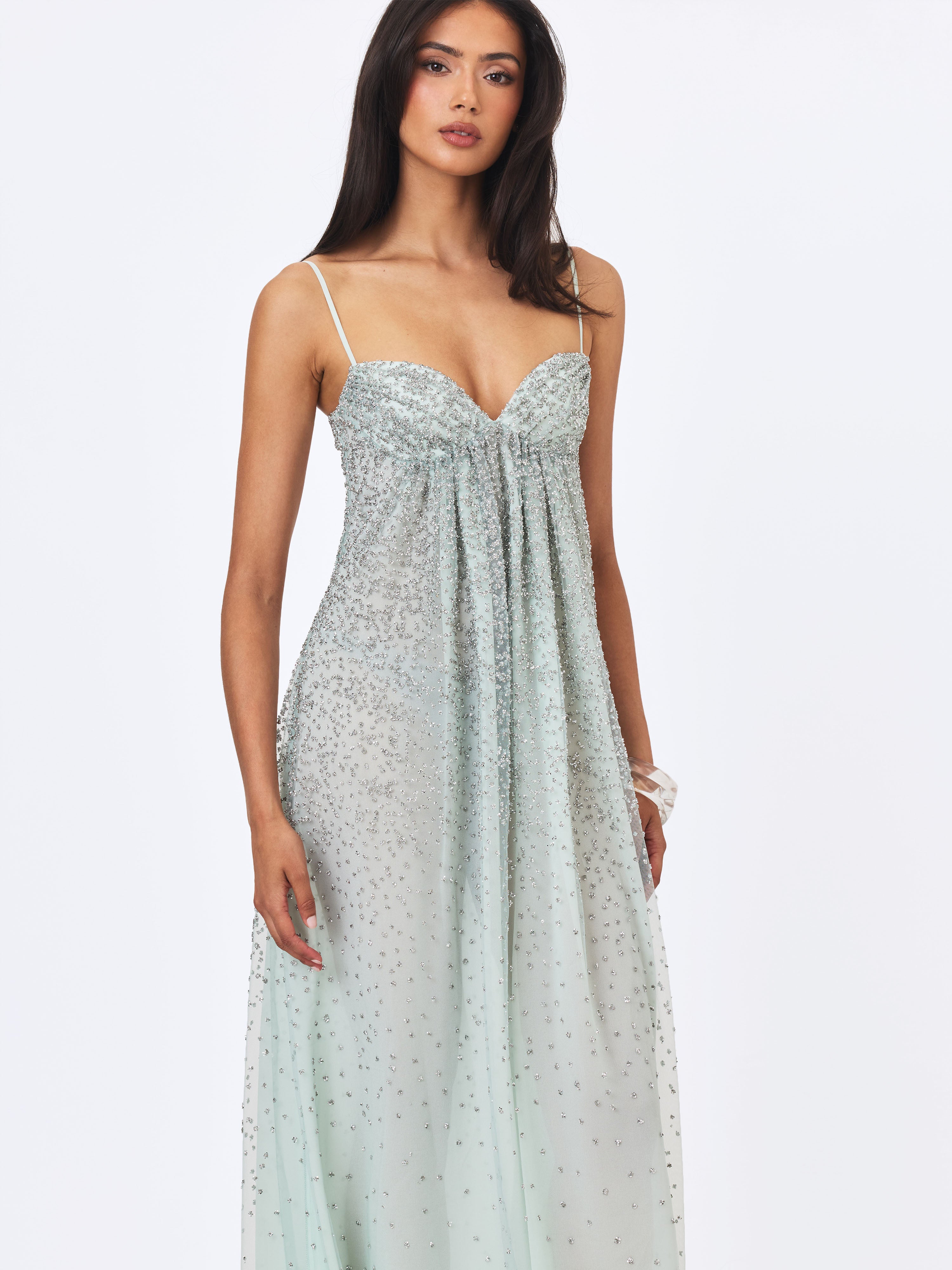 Wallie Mint Rhinestone Embellished Mesh Backless Gown