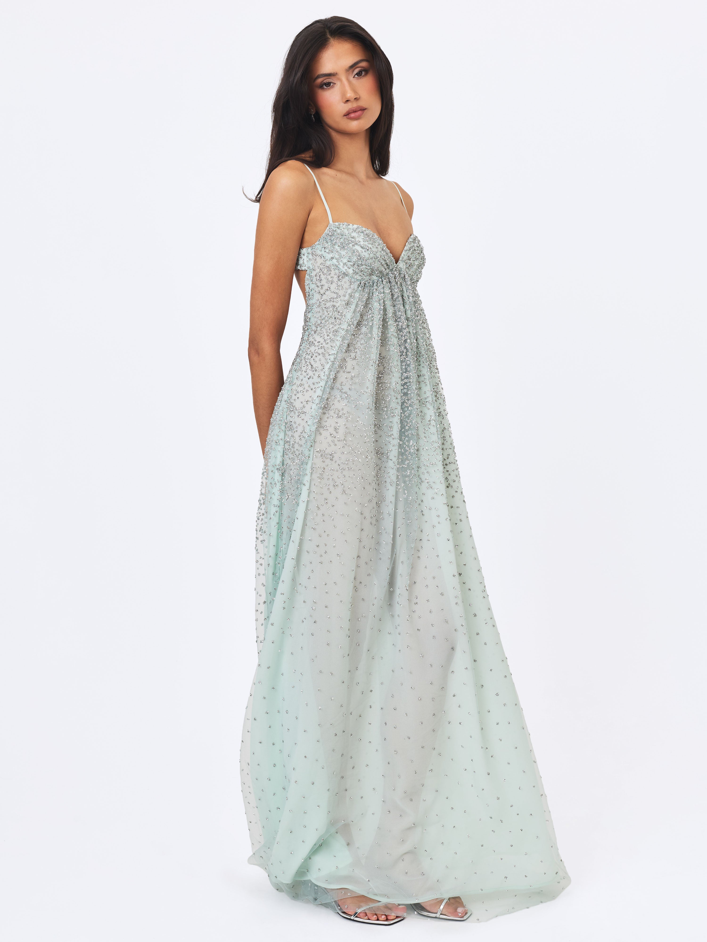 Wallie Mint Rhinestone Embellished Mesh Backless Gown