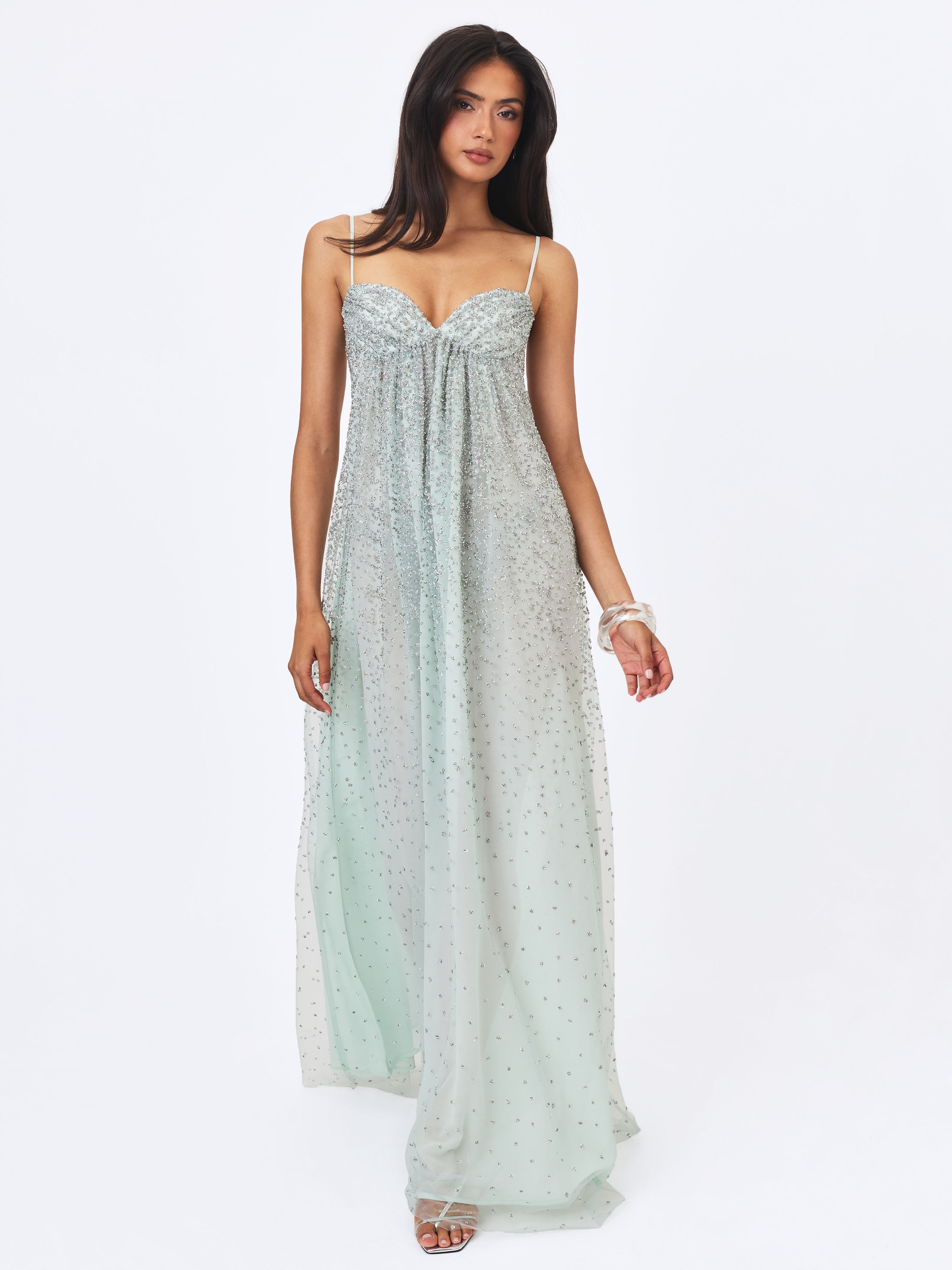 Wallie Mint Rhinestone Embellished Mesh Backless Gown