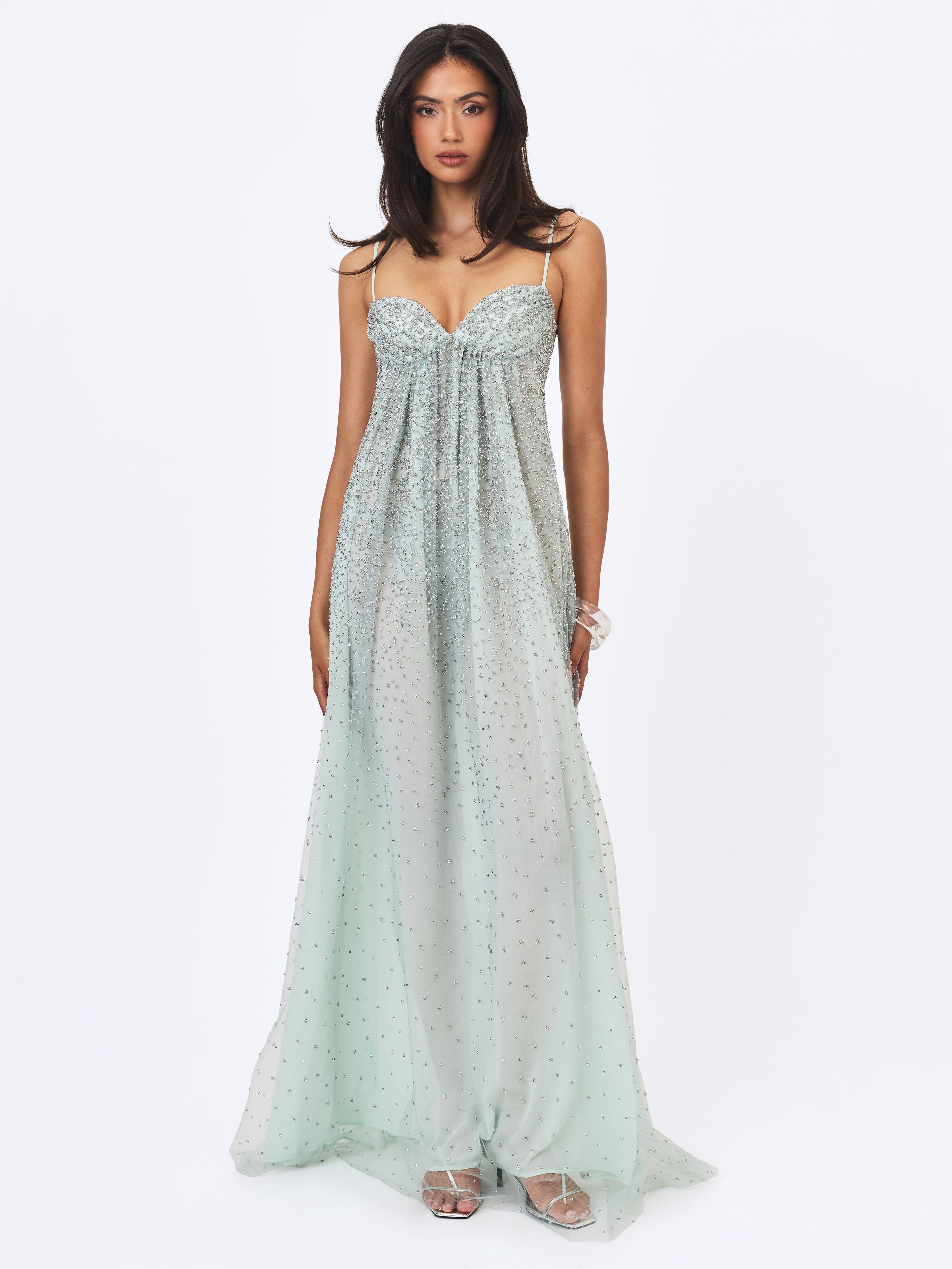 Wallie Mint Rhinestone Embellished Mesh Backless Gown