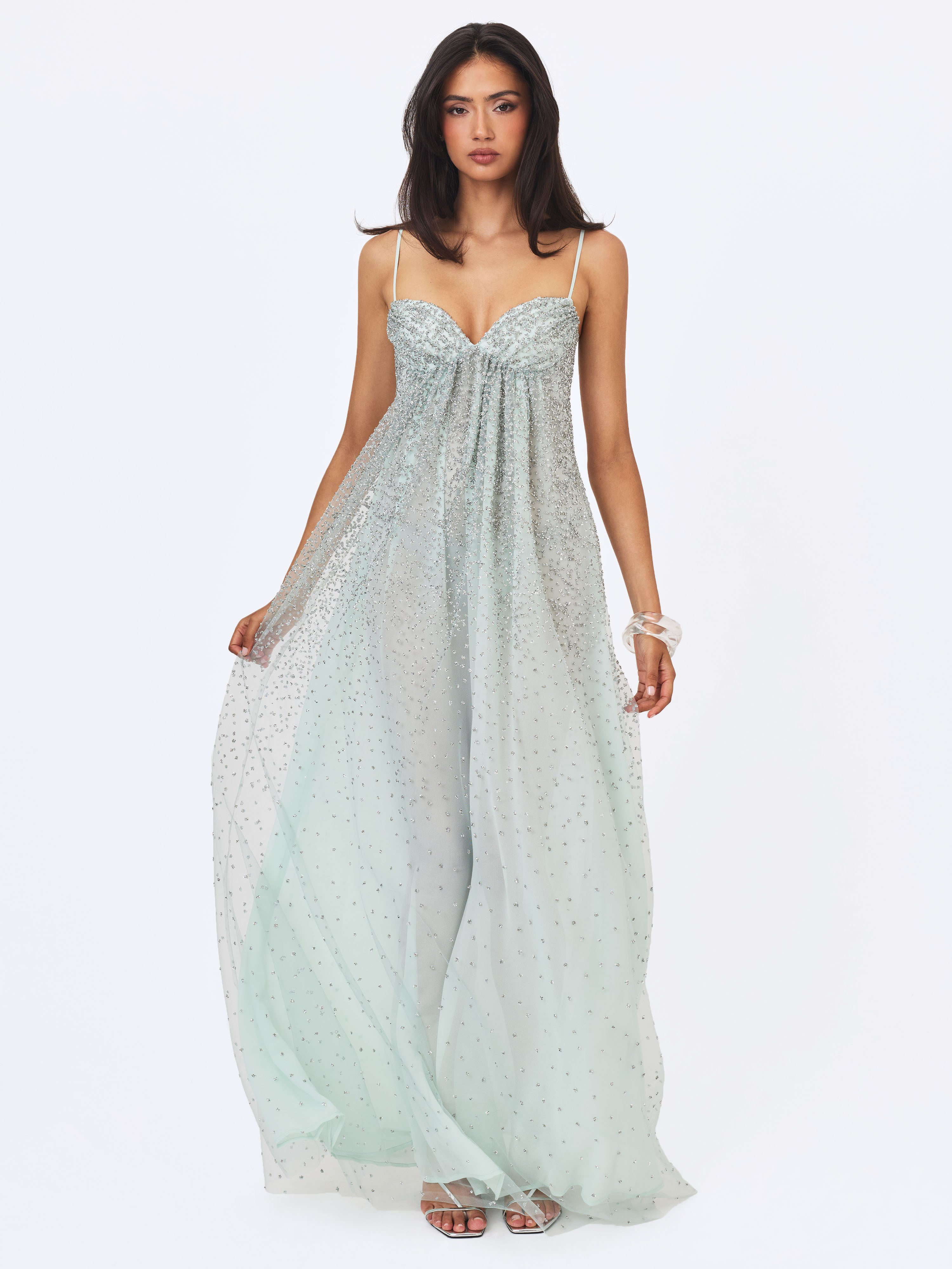 Wallie Mint Rhinestone Embellished Mesh Backless Gown