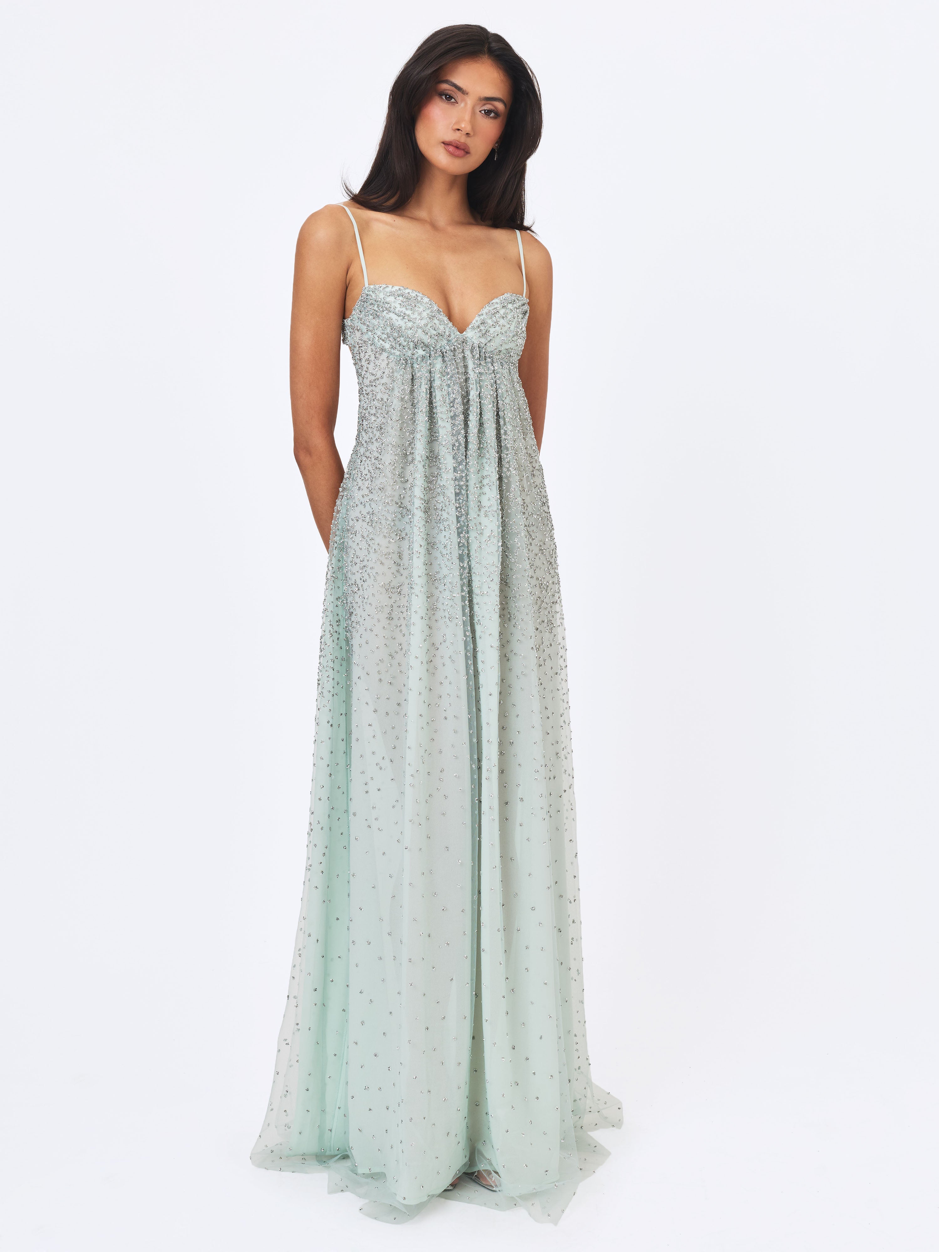 Wallie Mint Rhinestone Embellished Mesh Backless Gown