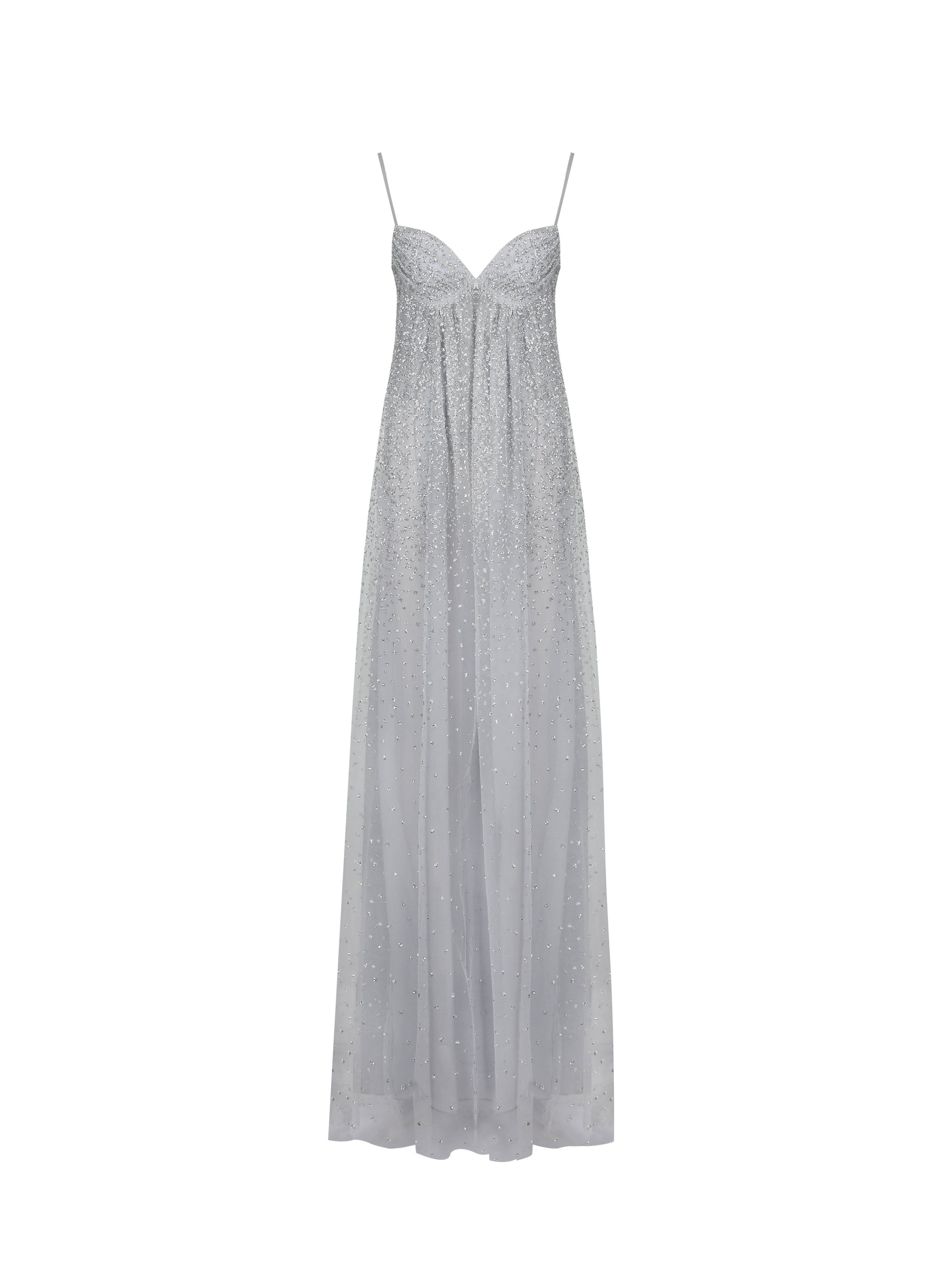 Wallie Silver Rhinestone Embellished Mesh Backless Gown