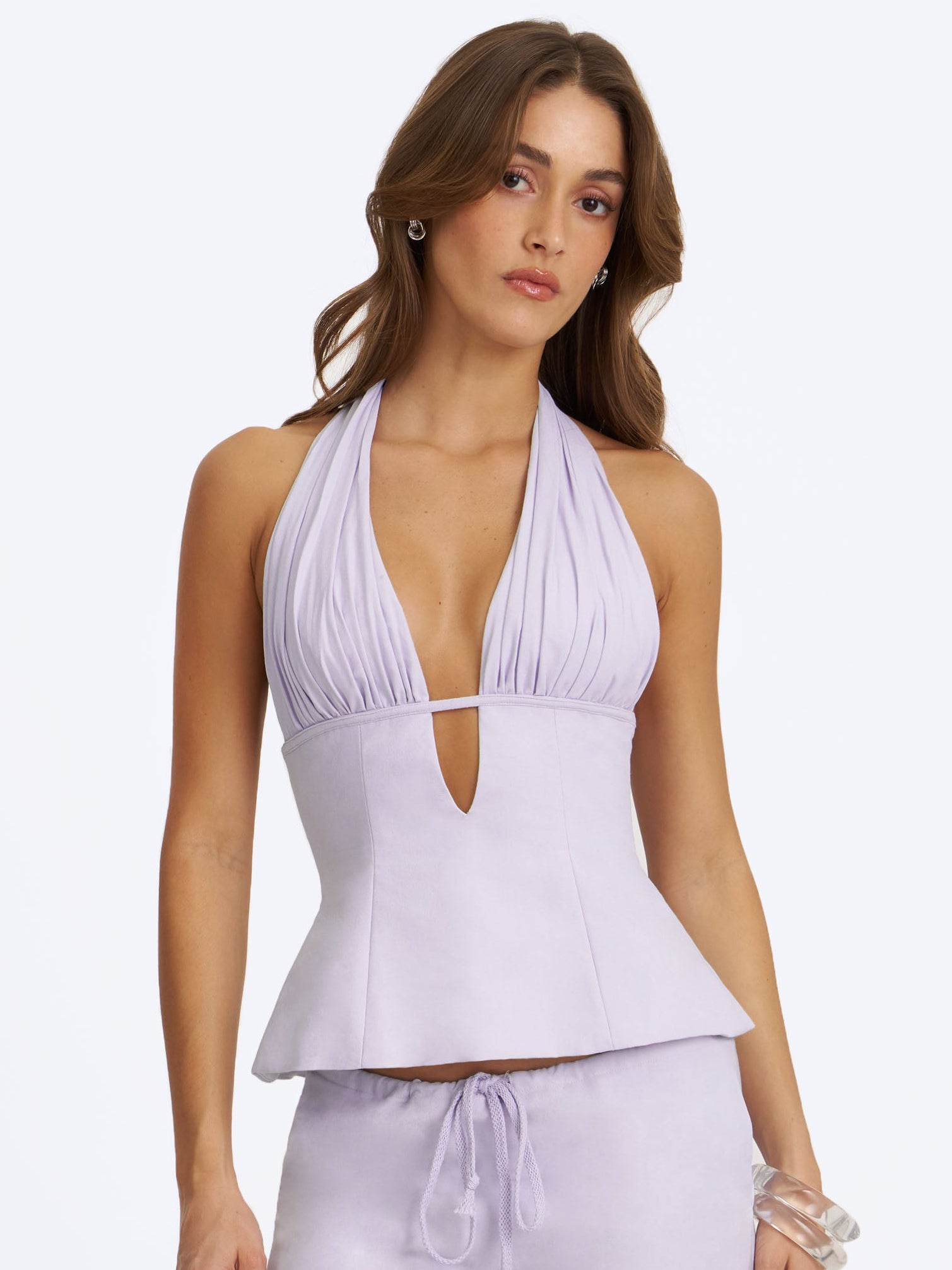 Quinzella Lavender Linen Plunging Halter Neck Top