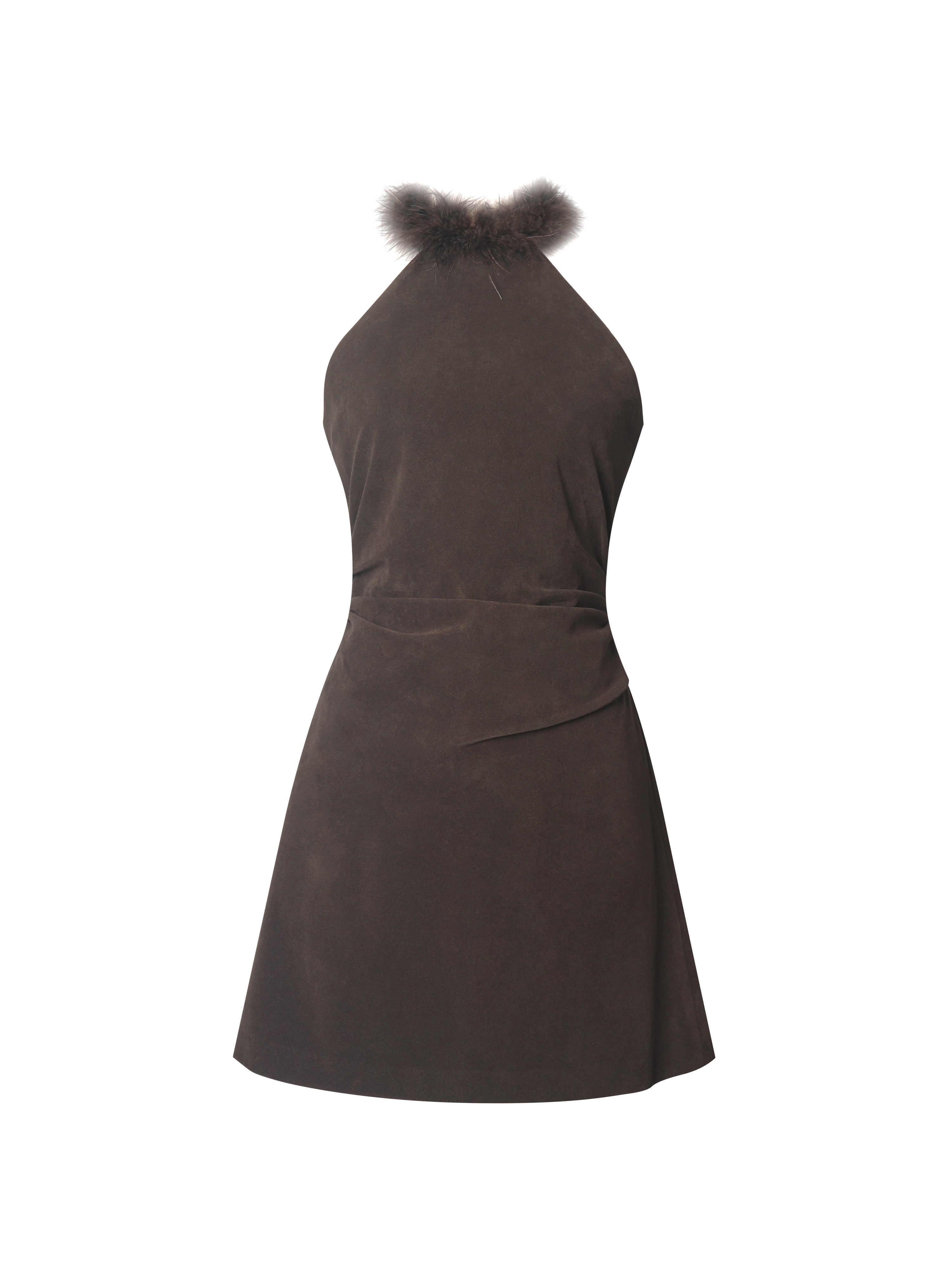 Yael Espresso Vegan Suede Faux Fur Halter Mini Dress