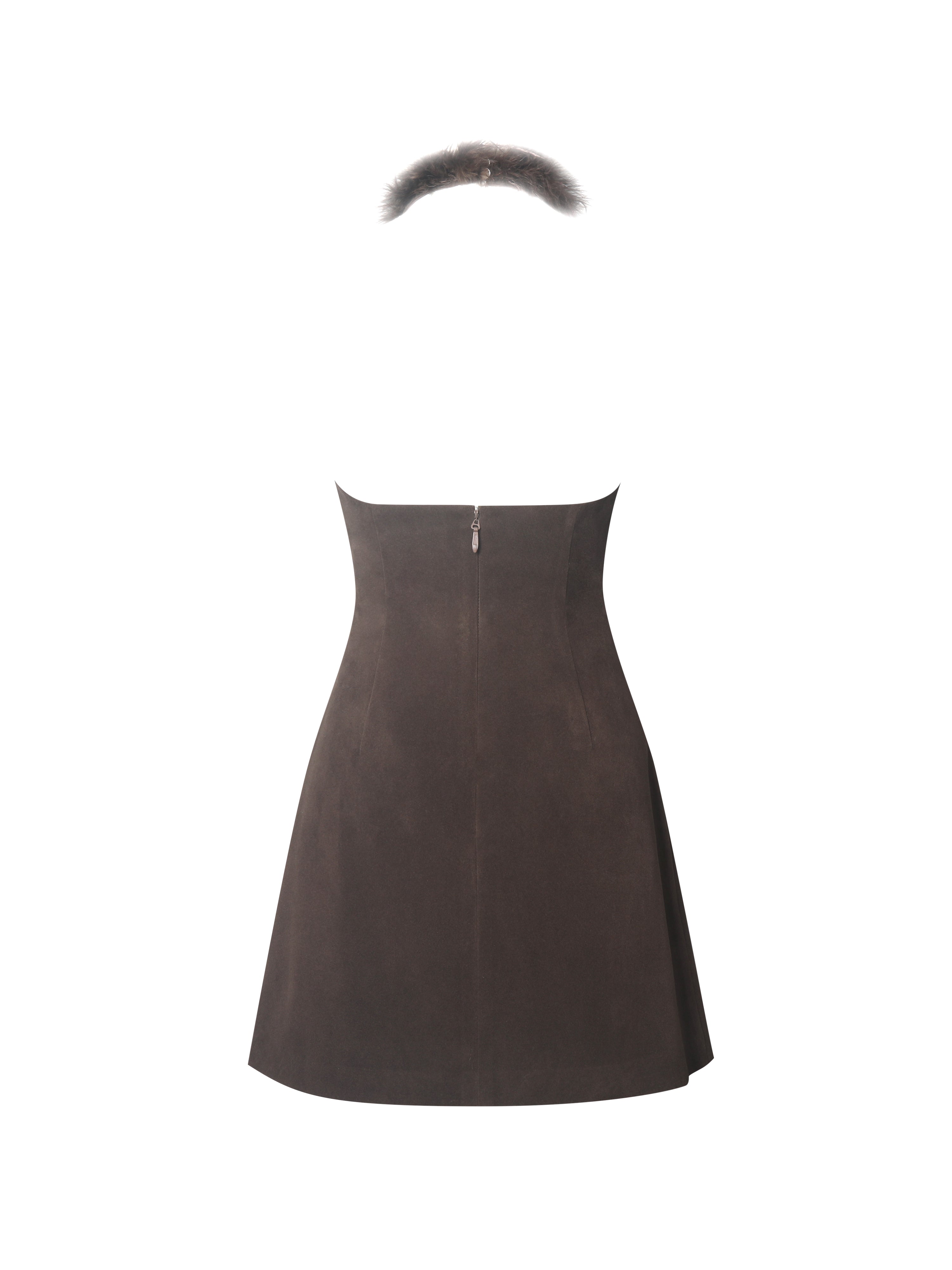 Yael Espresso Vegan Suede Faux Fur Halter Mini Dress
