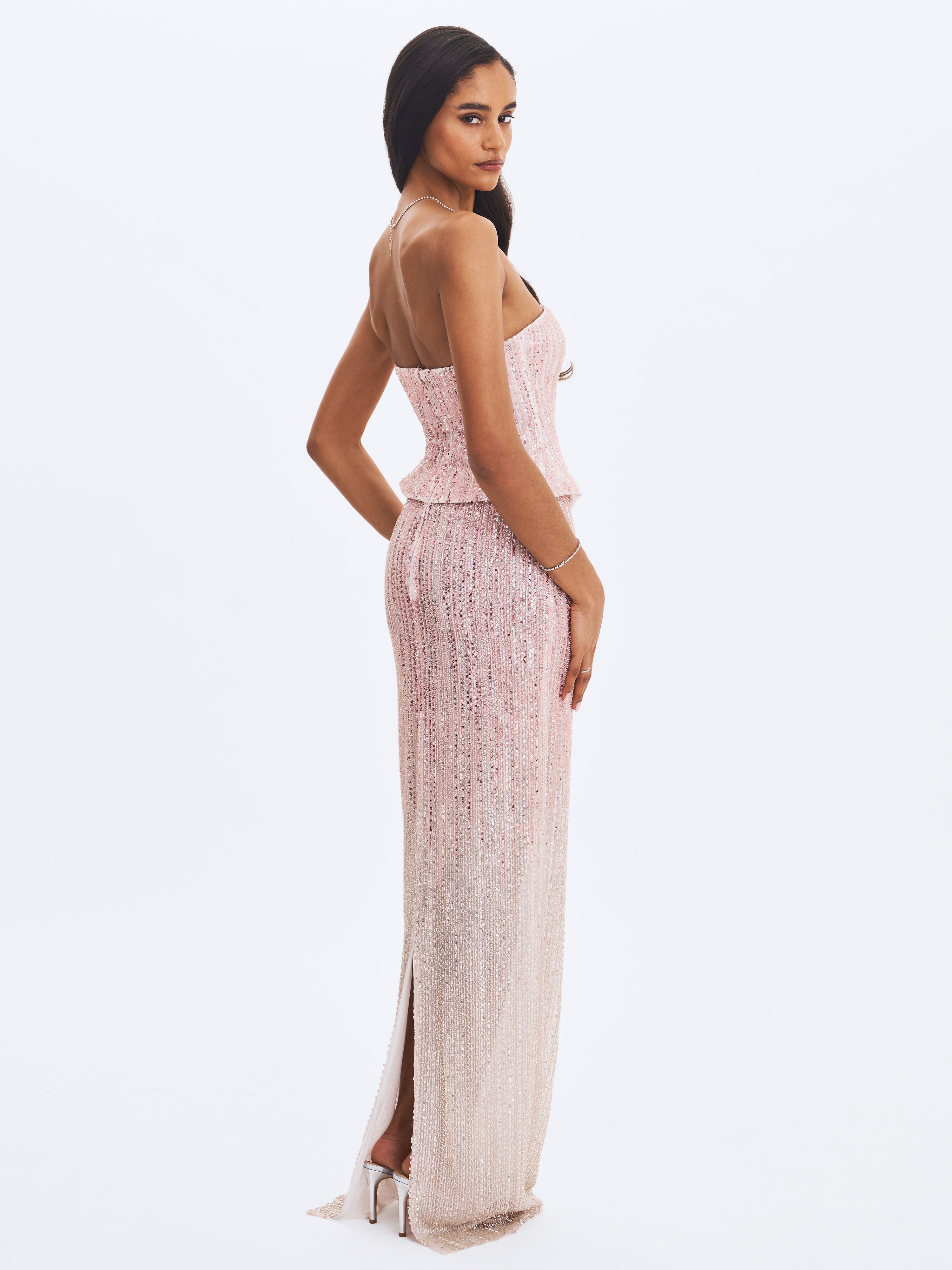 Tosca Beaded Blush Gradient Strapless Peplum Maxi Dress
