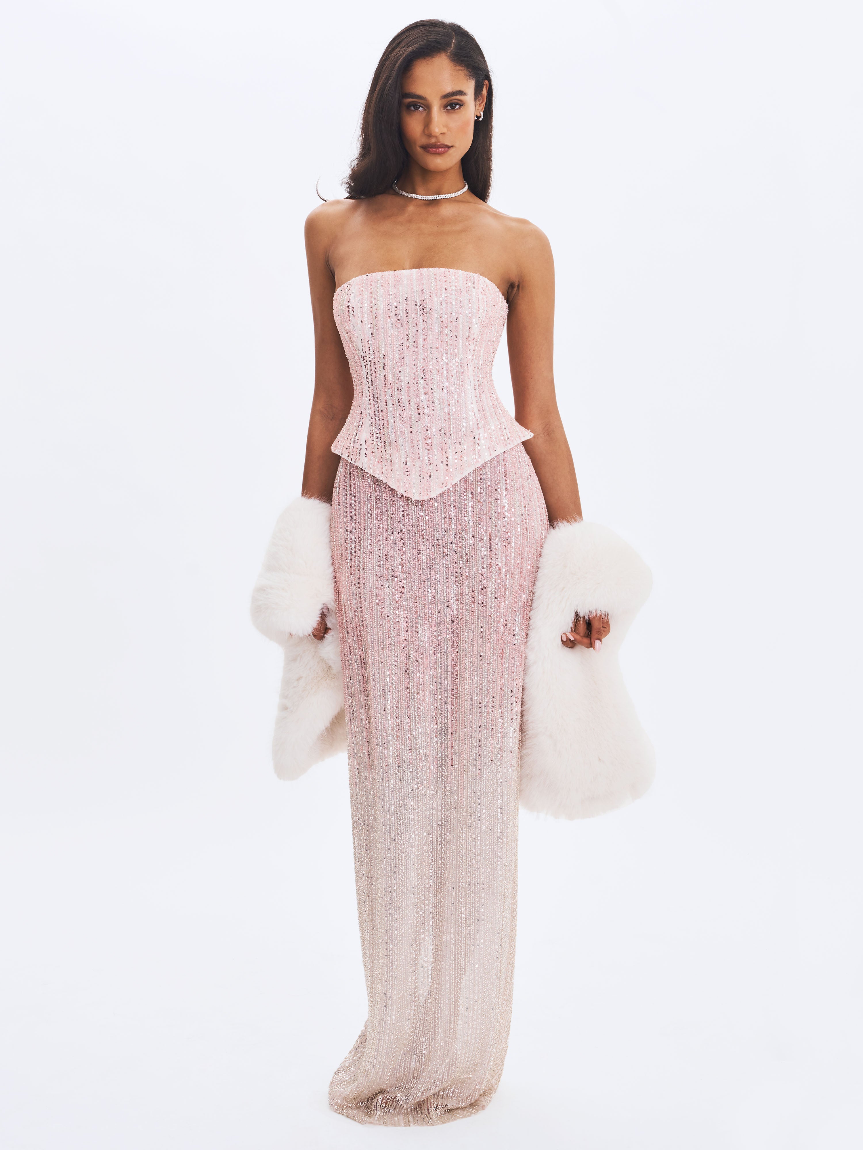 Tosca Beaded Blush Gradient Strapless Peplum Maxi Dress
