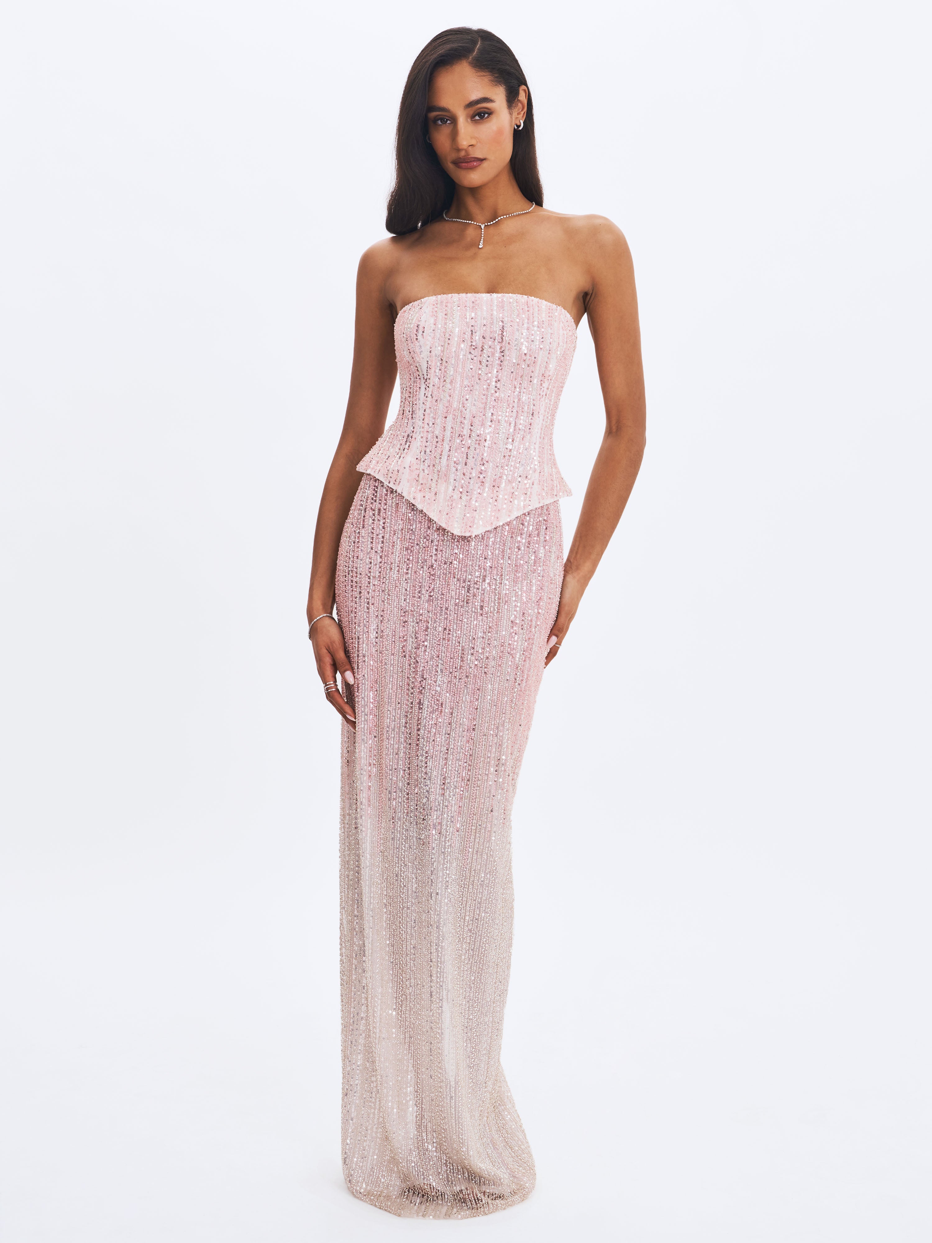 Tosca Beaded Blush Gradient Strapless Peplum Maxi Dress