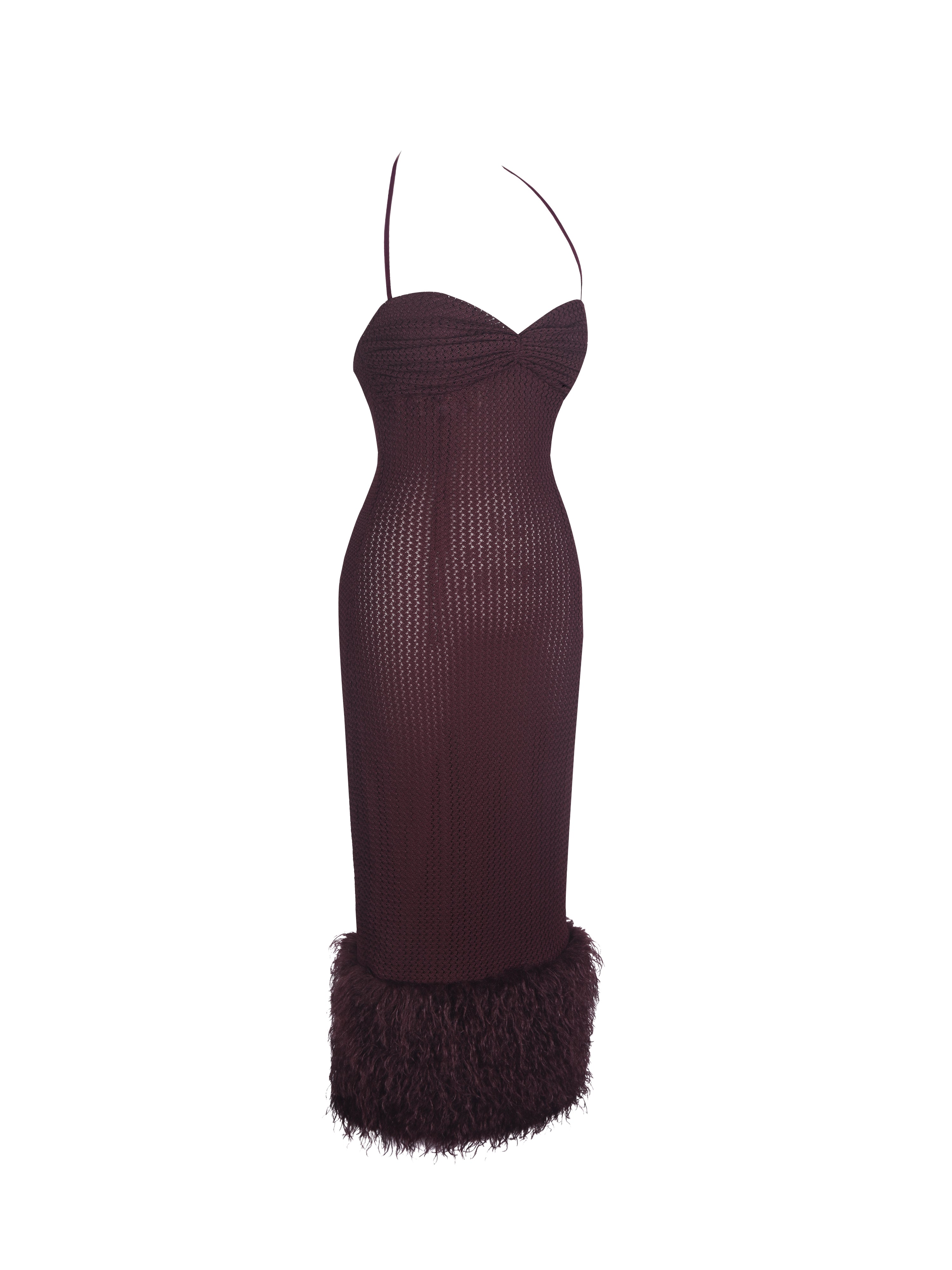 Pluma Maroon Halter Faux-Fur Trimmed Midi Dress
