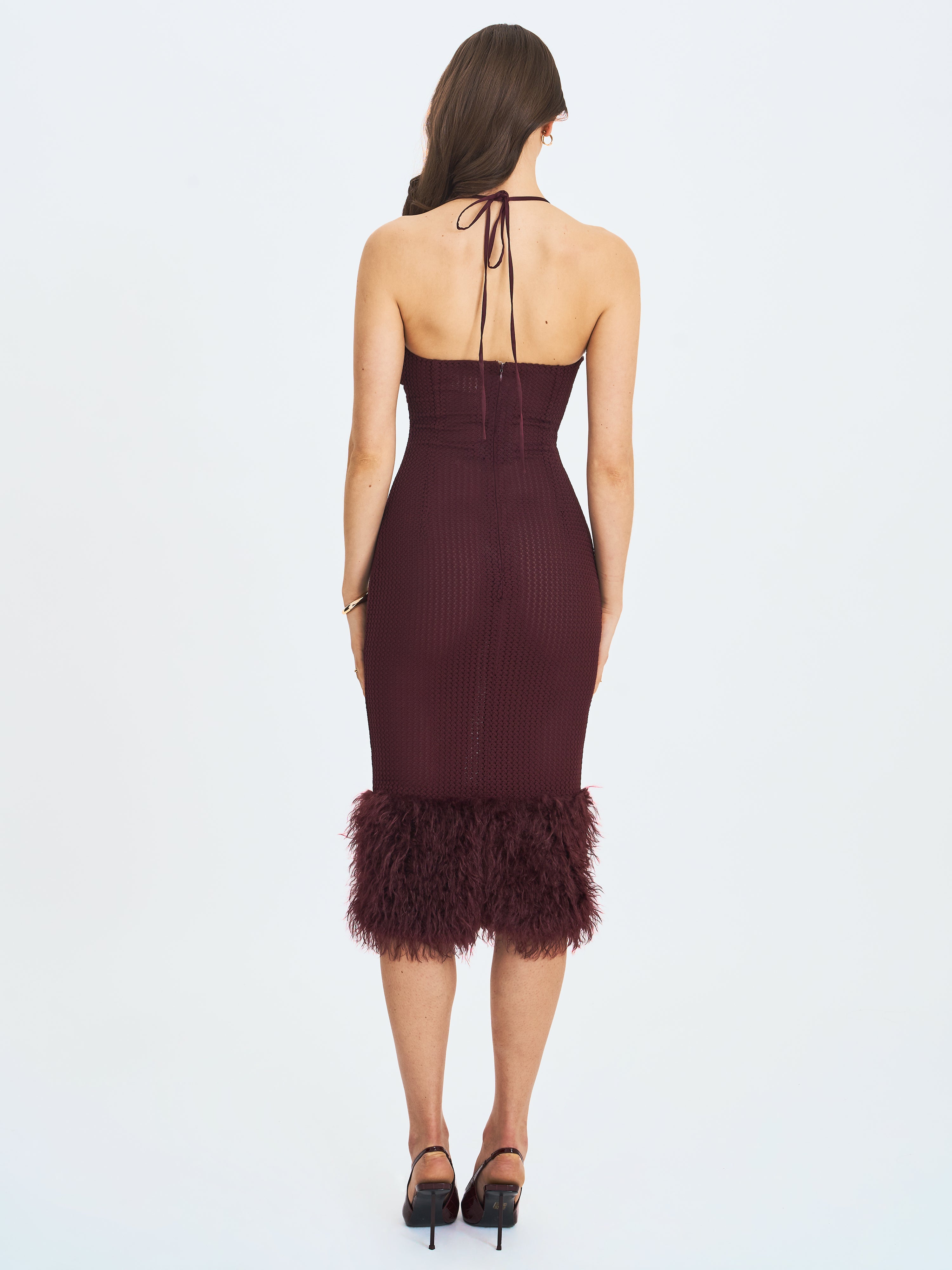 Pluma Maroon Halter Faux-Fur Trimmed Midi Dress
