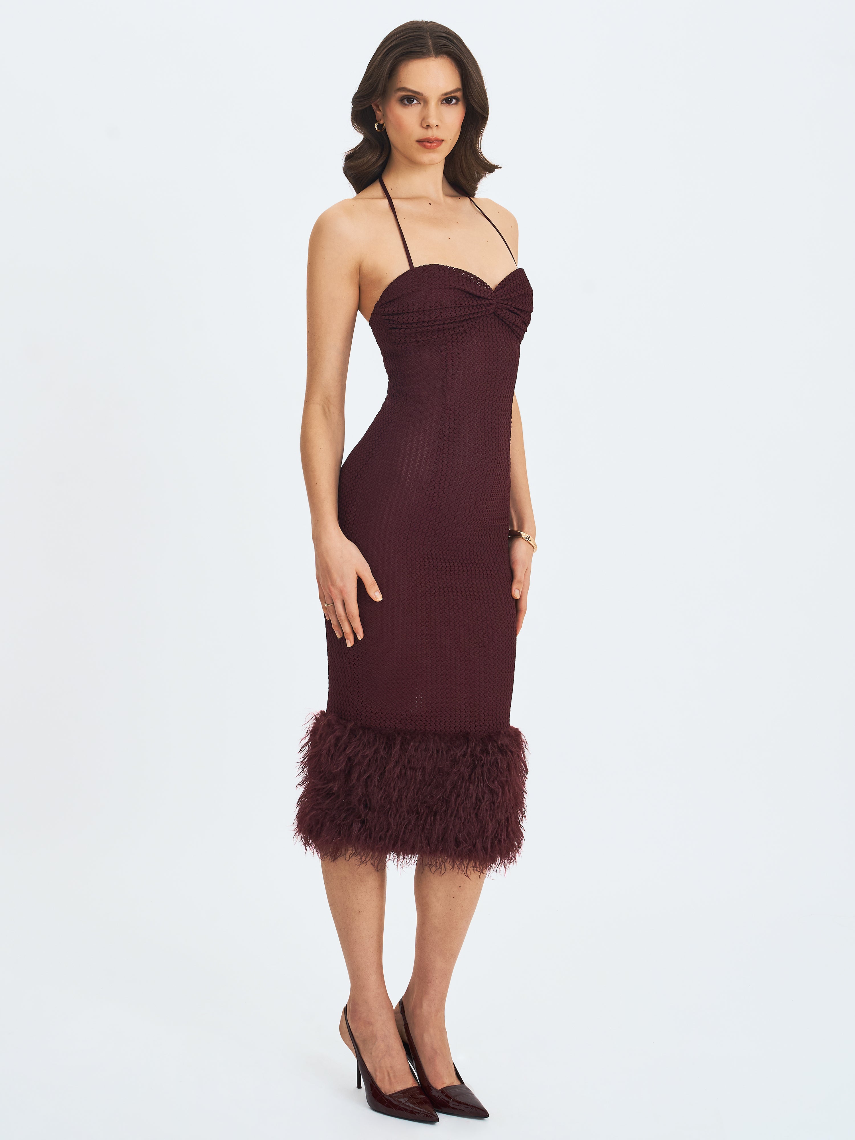 Pluma Maroon Halter Faux-Fur Trimmed Midi Dress