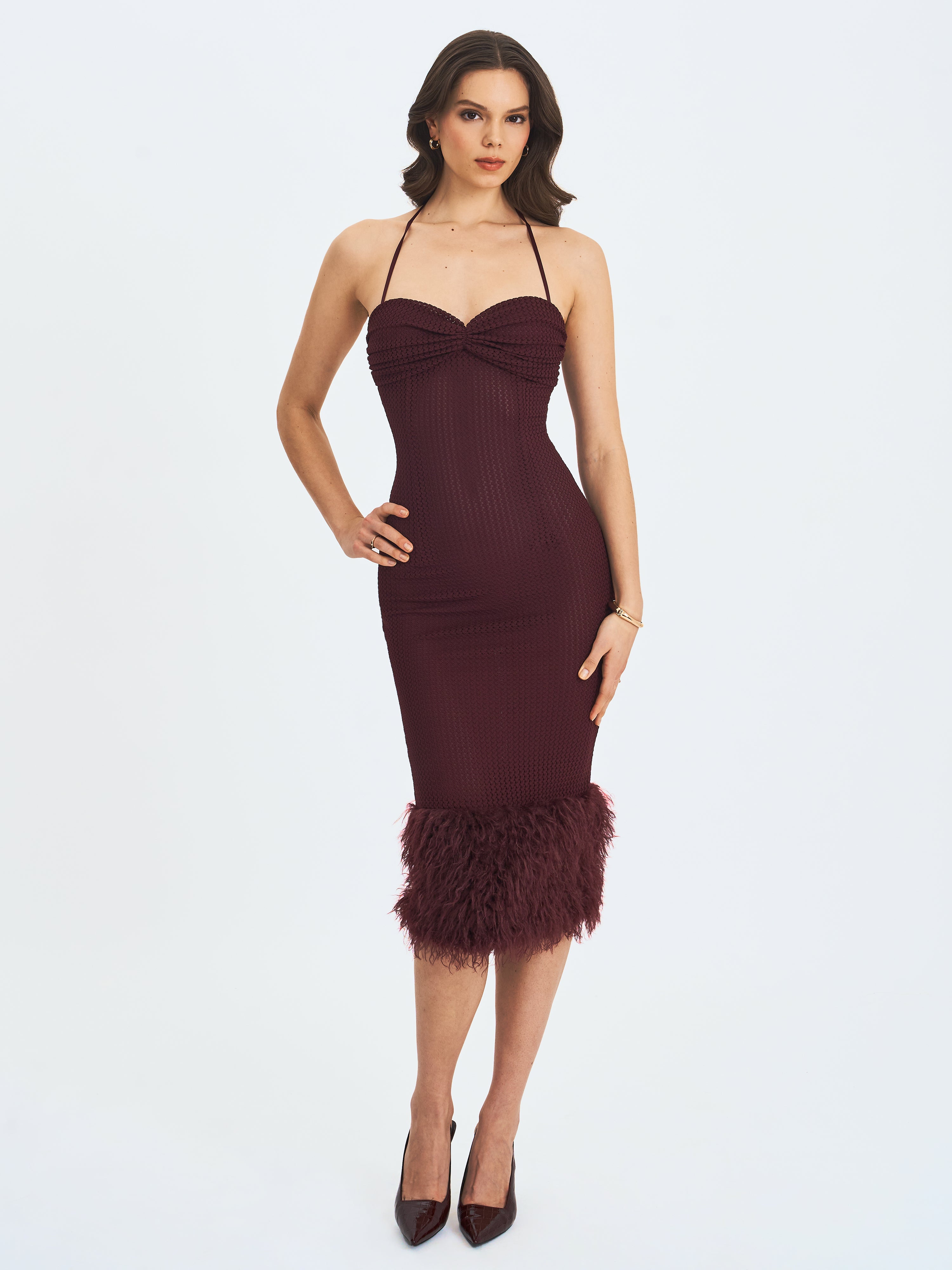 Pluma Maroon Halter Faux-Fur Trimmed Midi Dress