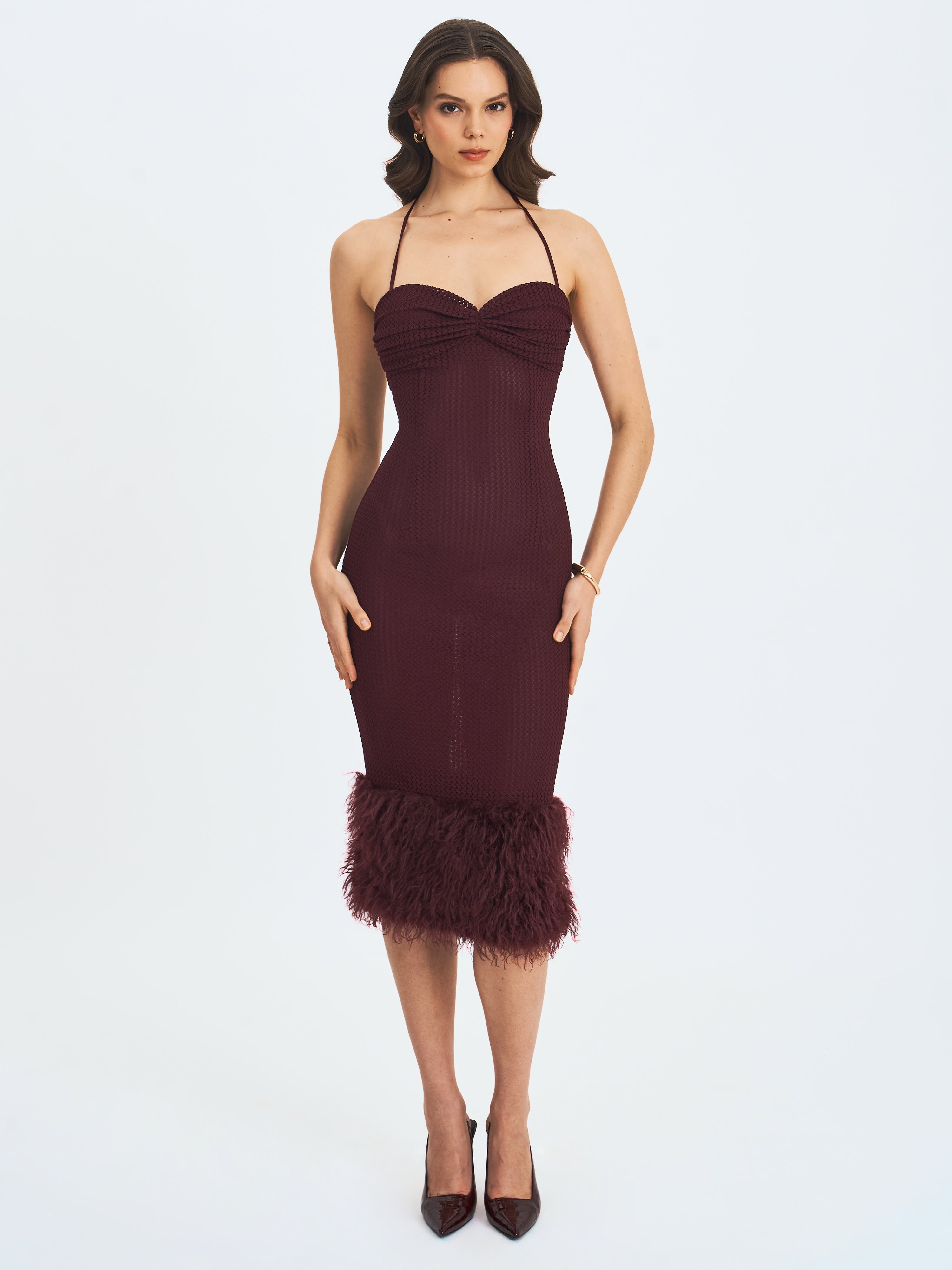 Pluma Maroon Halter Faux-Fur Trimmed Midi Dress