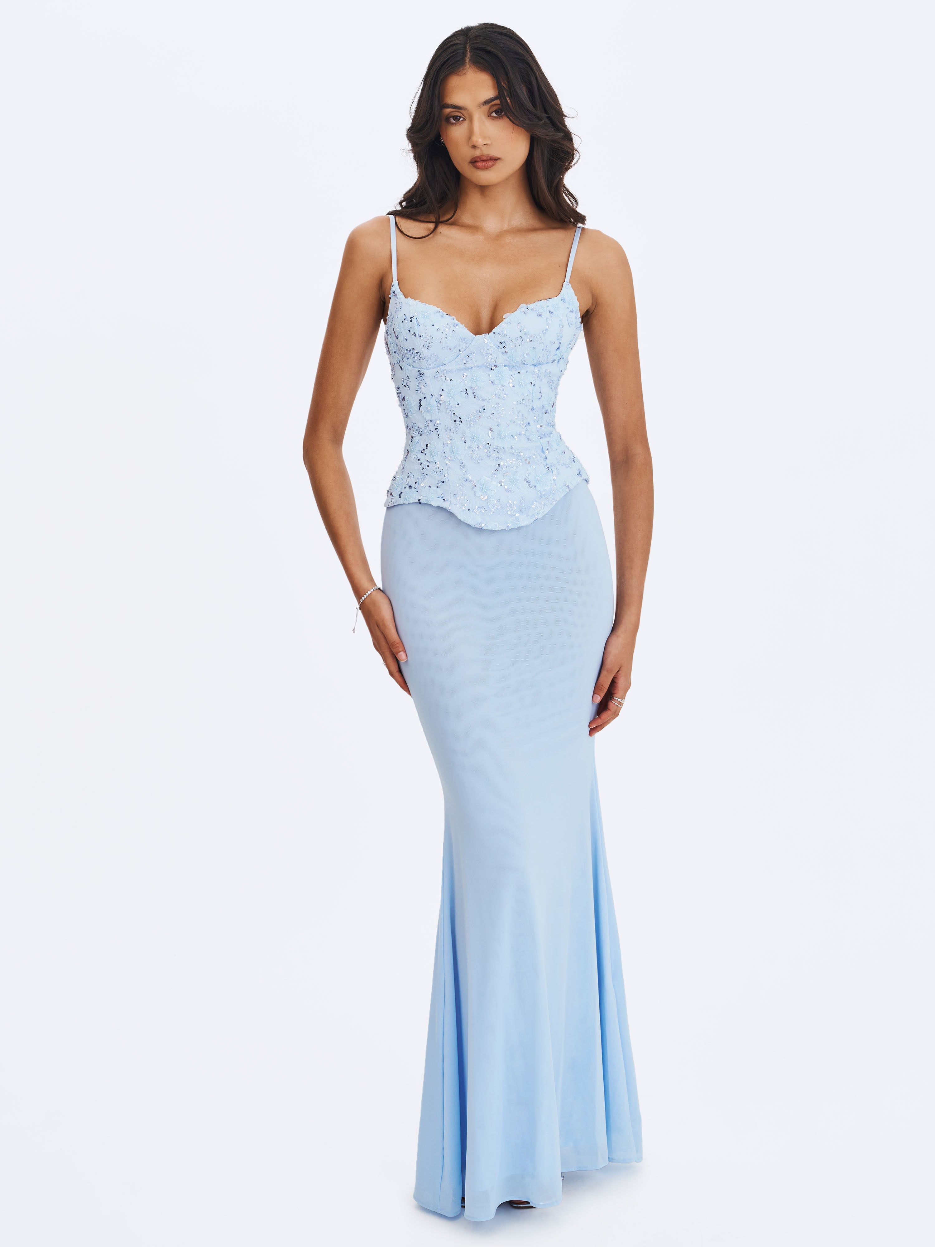 Aurielle Baby Blue Sweetheart Mermaid Peplum Maxi Dress