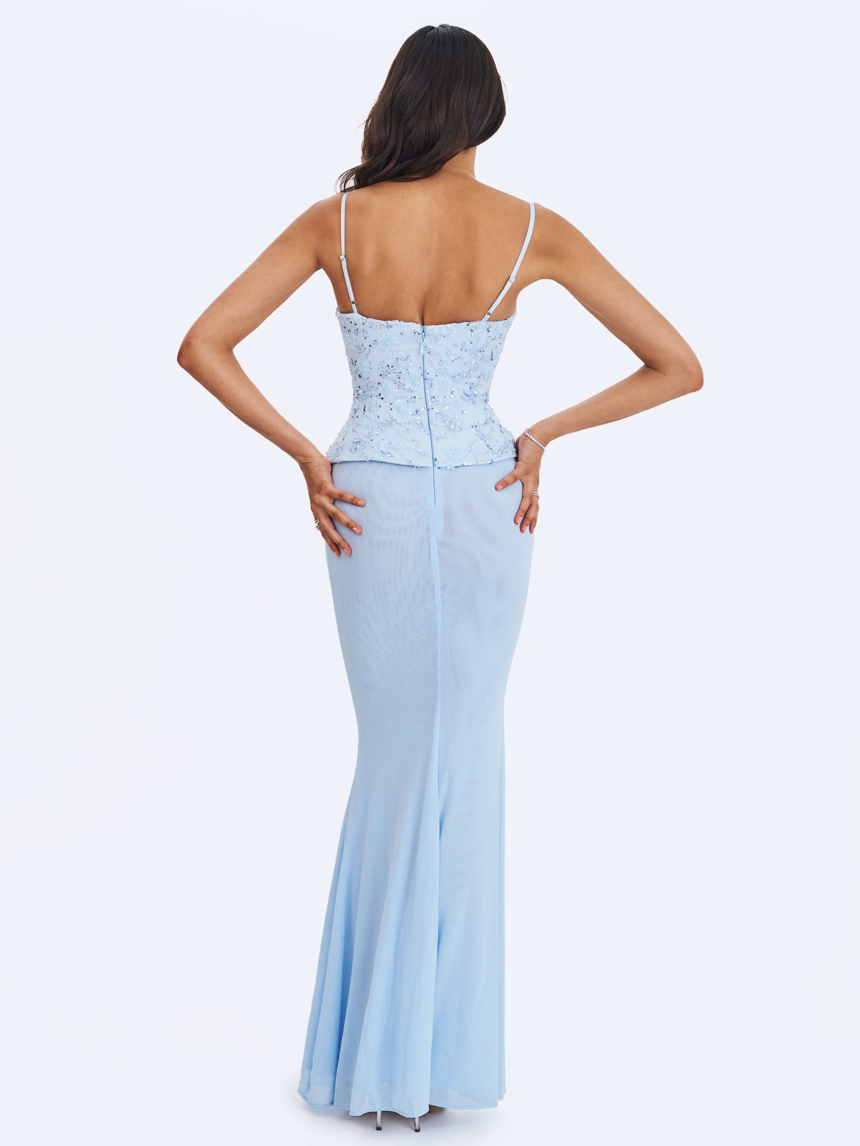 Aurielle Baby Blue Sweetheart Mermaid Peplum Maxi Dress