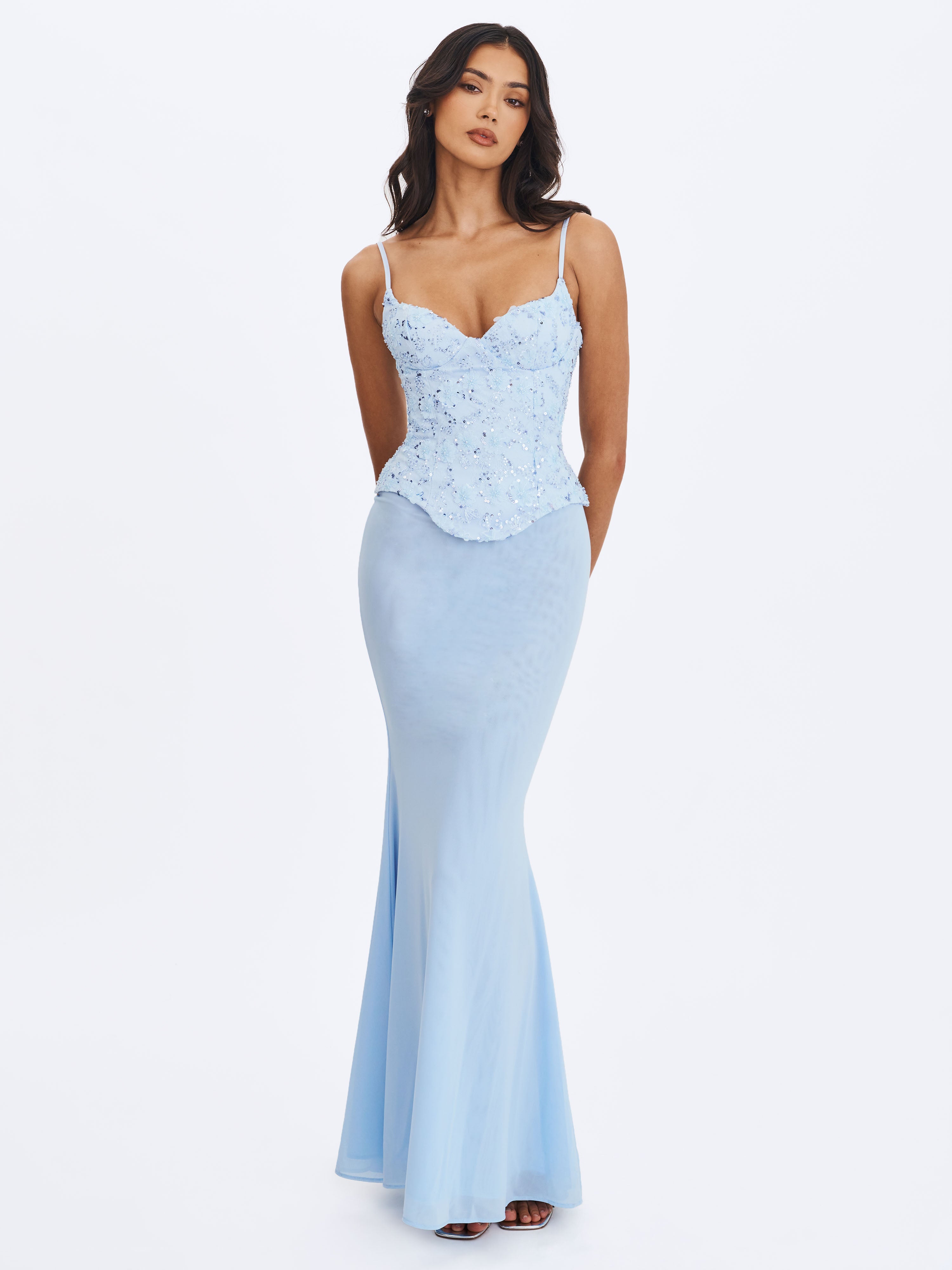 Aurielle Baby Blue Sweetheart Mermaid Peplum Maxi Dress