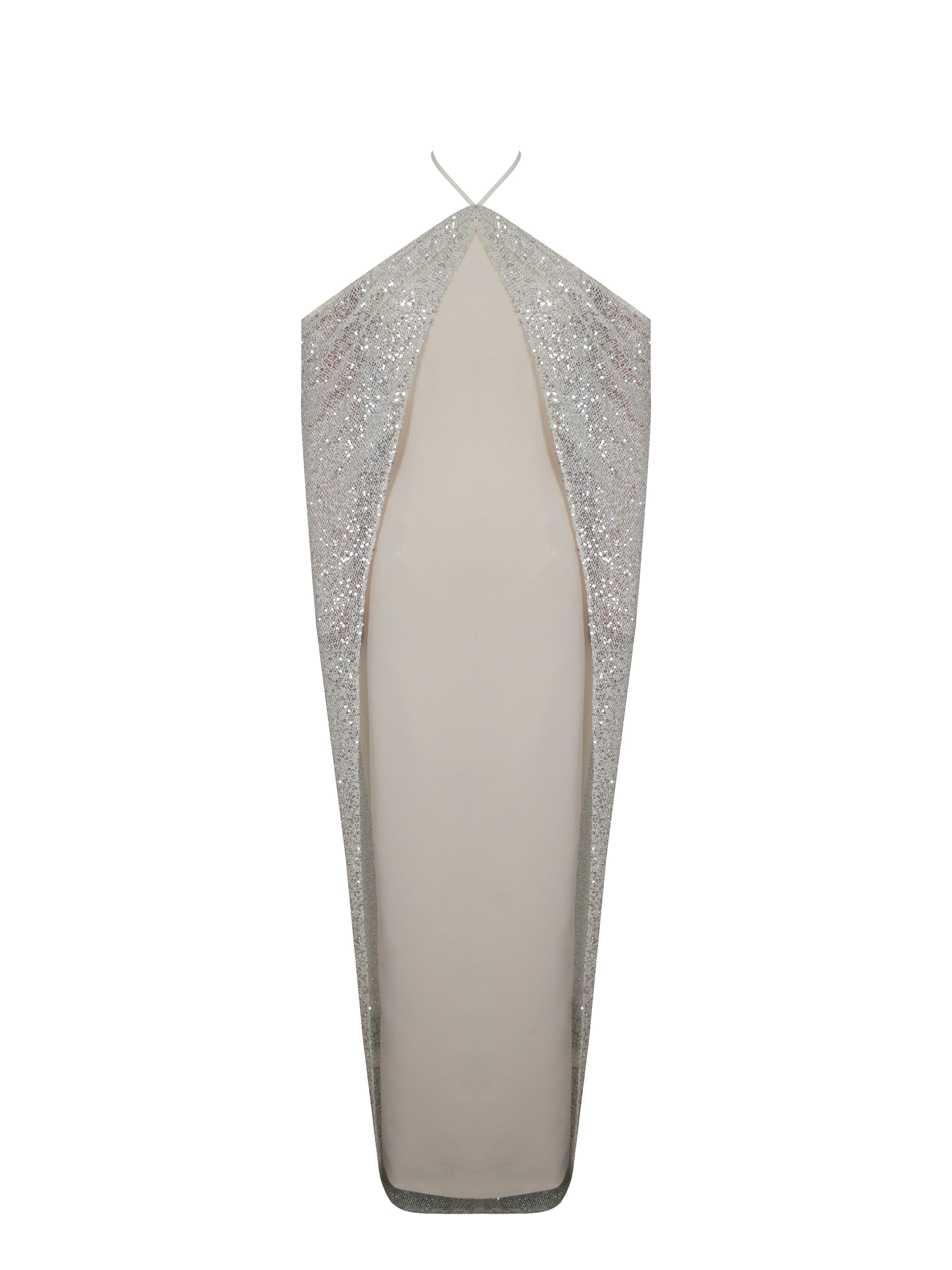 Quimera Almond Beaded Cape Halter Off-Shoulder Maxi Gown