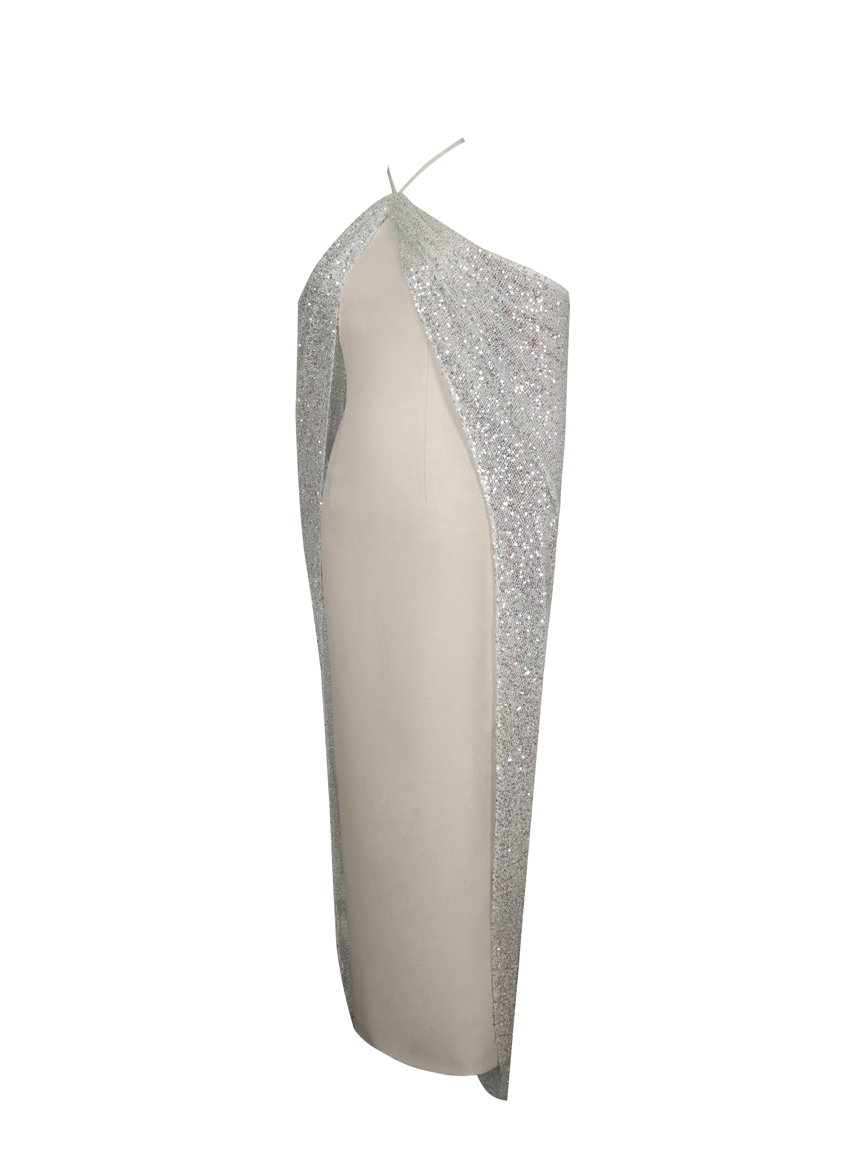 Quimera Almond Beaded Cape Halter Off-Shoulder Maxi Gown