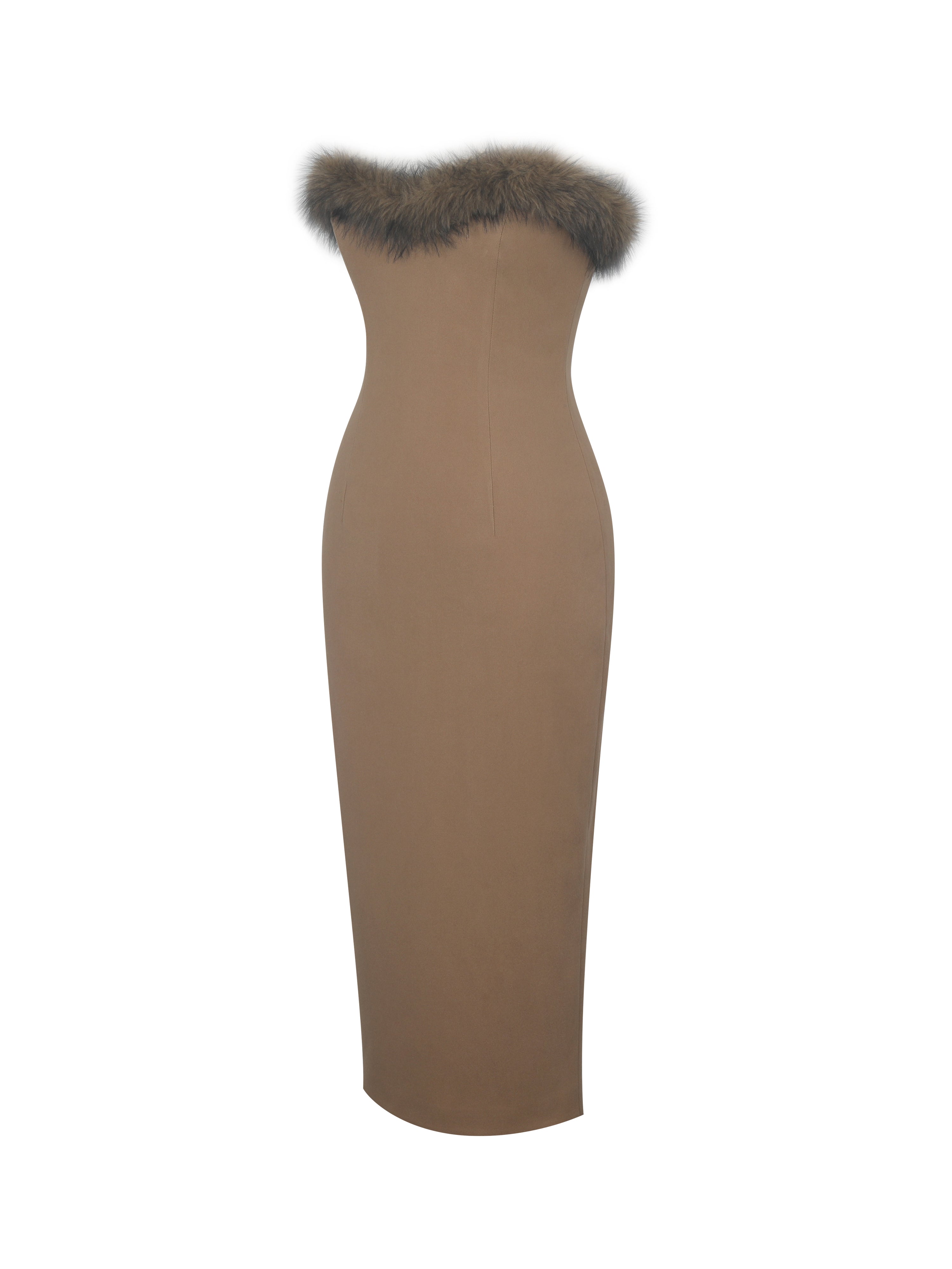 Rayanne Chestnut Strapless Fur-Trimmed Sweetheart Maxi Dress