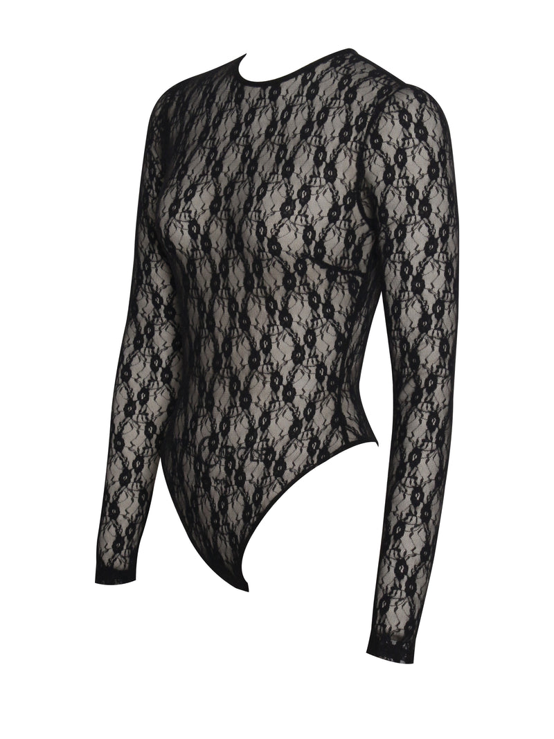 Long Sleeve Lace Bodysuit - black