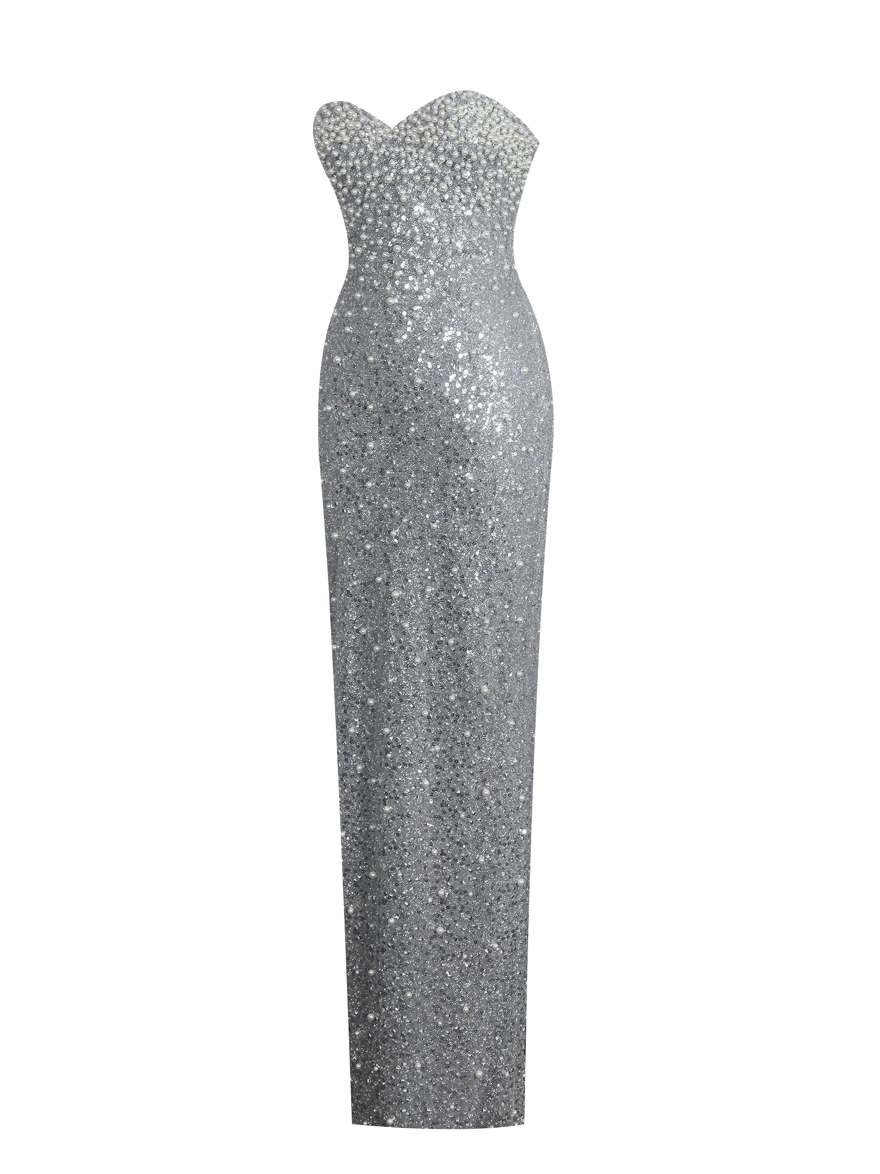 Noelle Silver Sequin Pearl-Embellished Sweetheart Maxi Dress