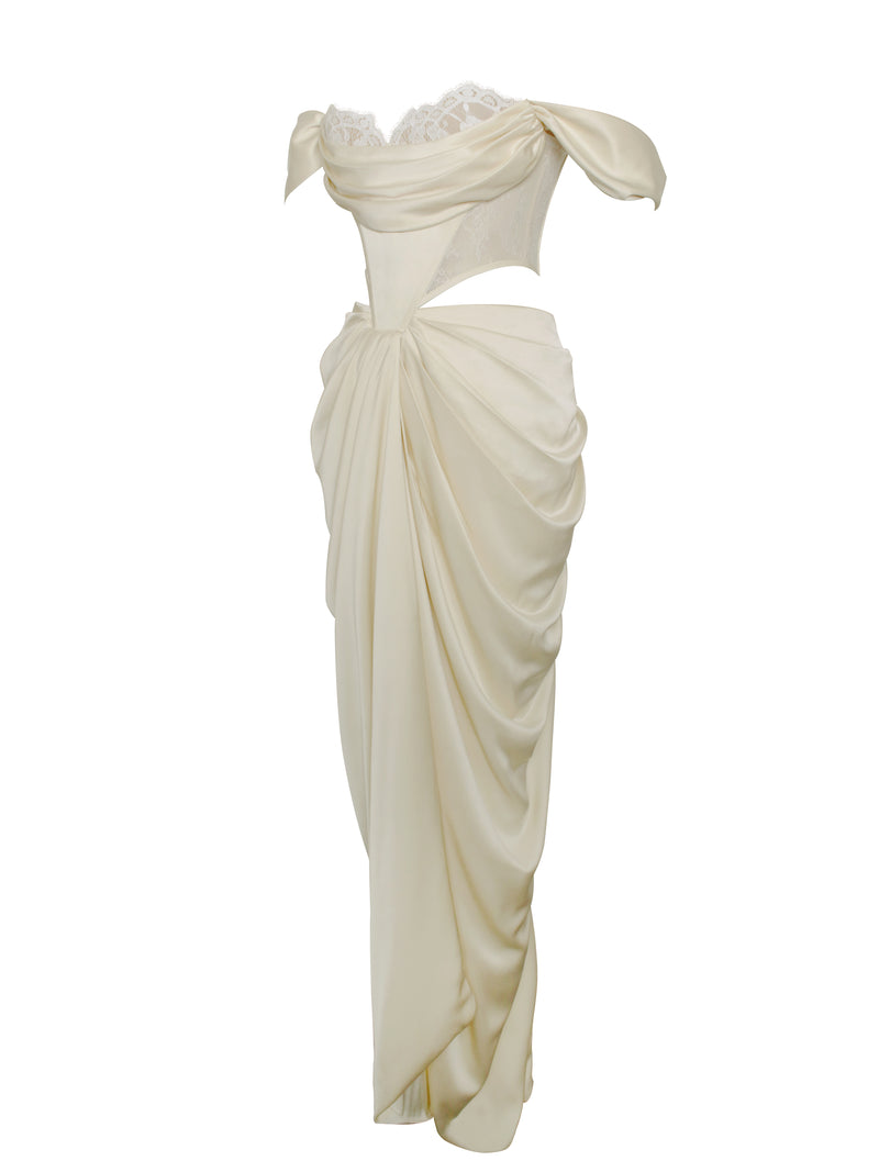 Umbrielle Pearl White Lace Satin Corset Off Shoulder Gown