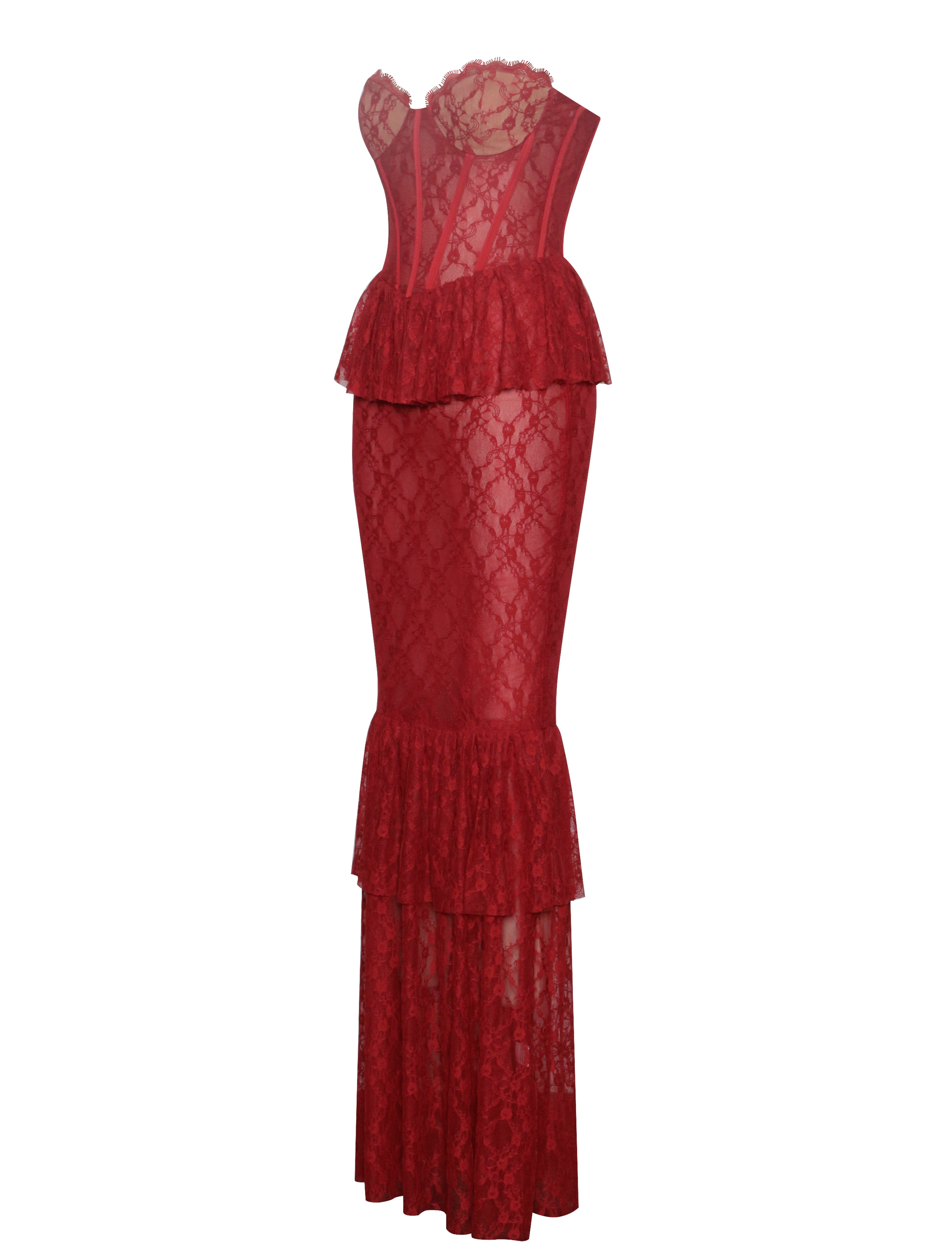 Quennell Burgundy Lace Corset Maxi Dress