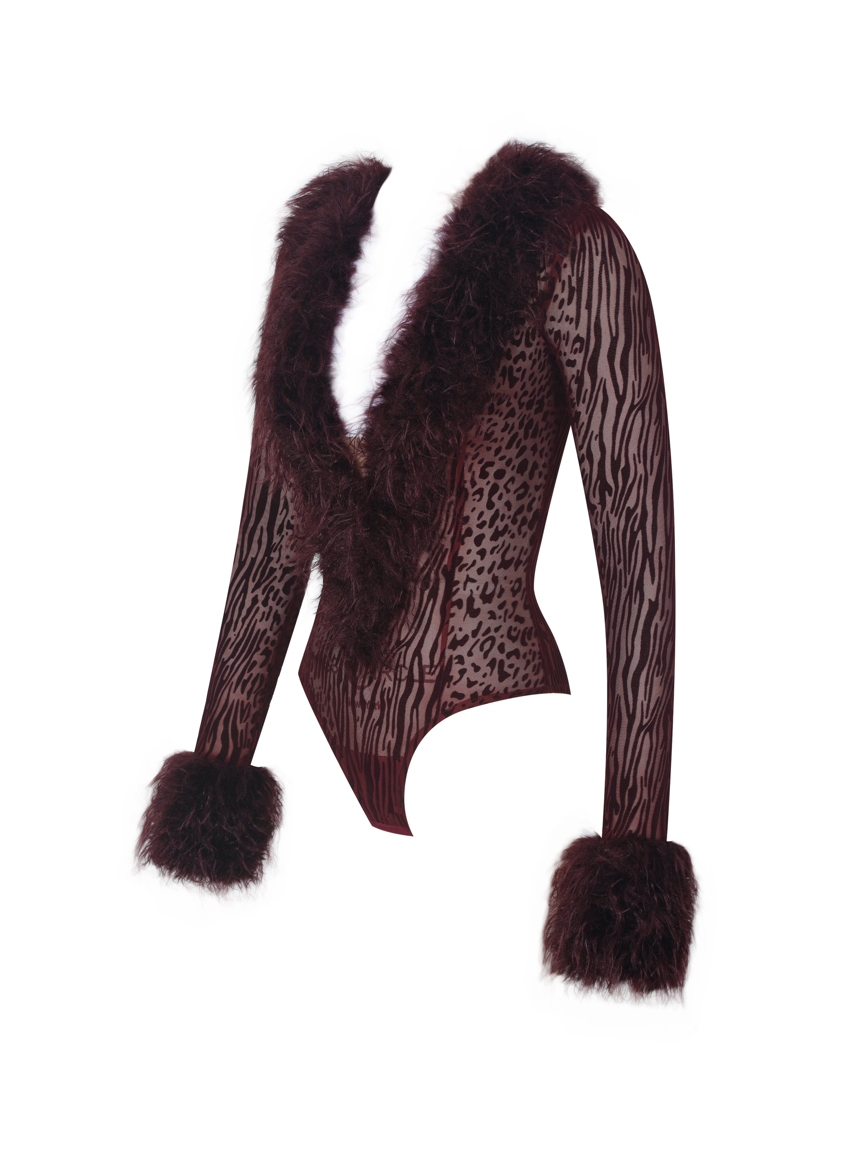 Valene Burgundy Burnout Velvet Fur-Trim Bodysuit