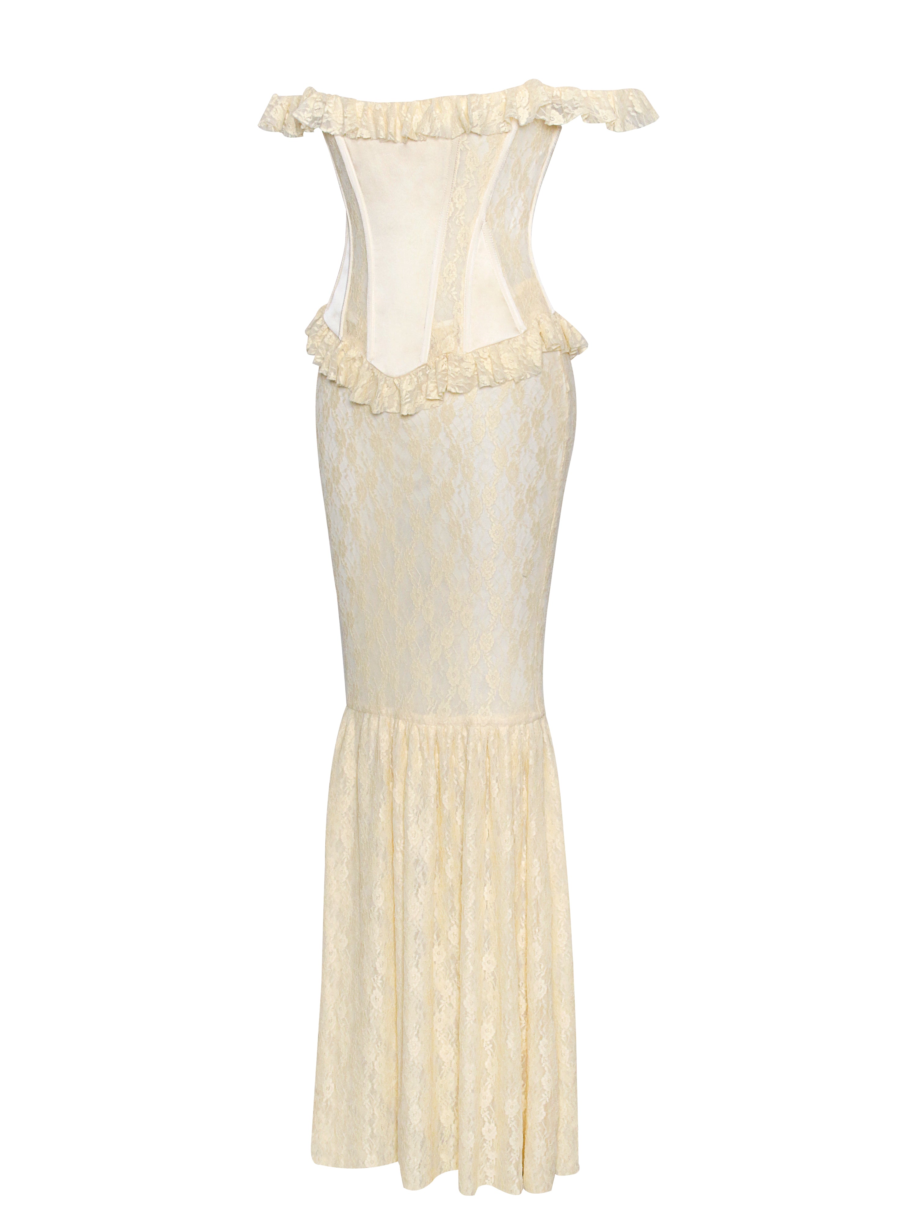 Ersilia Pale Yellow Satin Lace Peplum Corset Off Shoulder Maxi Dress