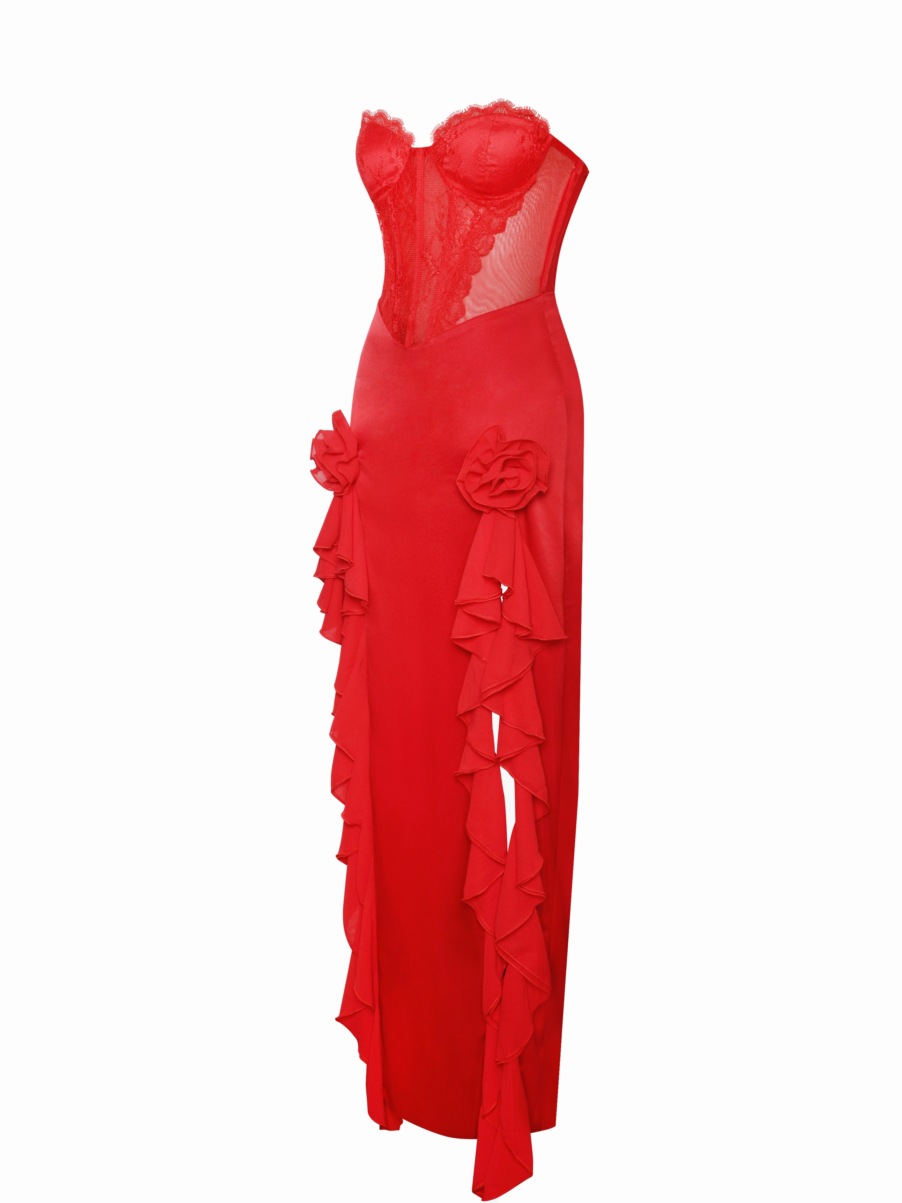 Talia Red Satin Lace Corset Maxi Dress